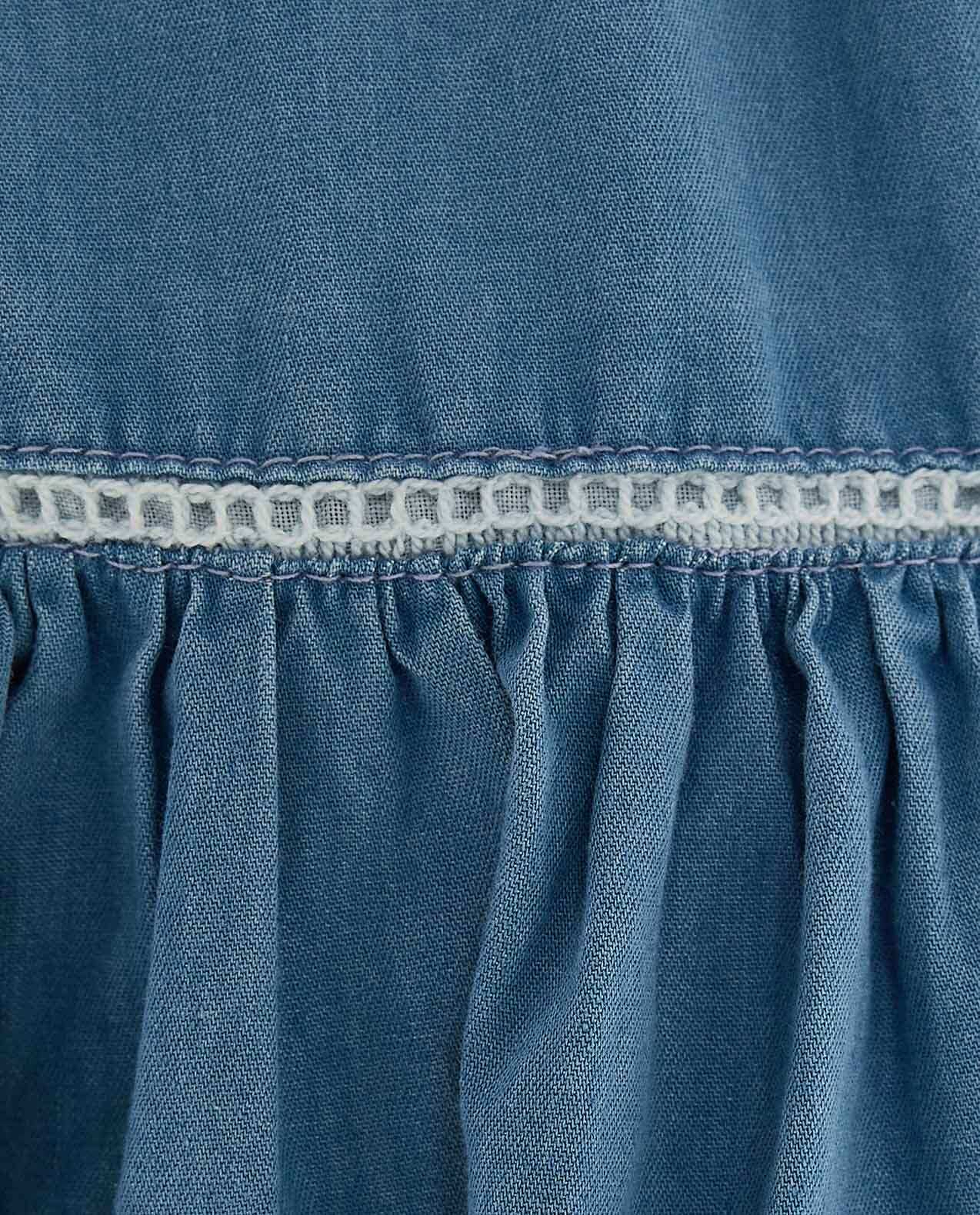 Embroidered Denim Dress with Crew Neck and Flutter Sleeves