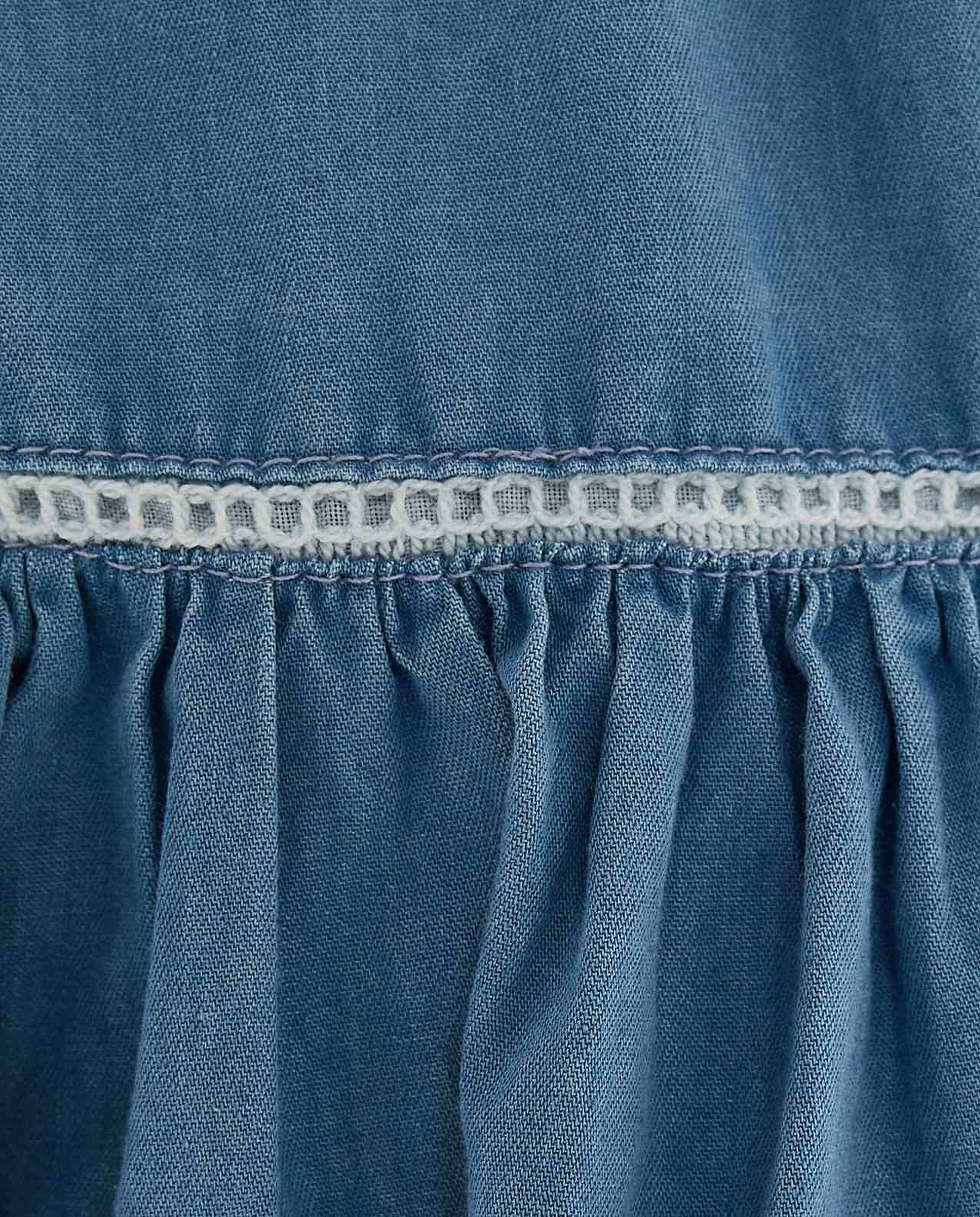 Embroidered Denim Dress with Crew Neck and Flutter Sleeves