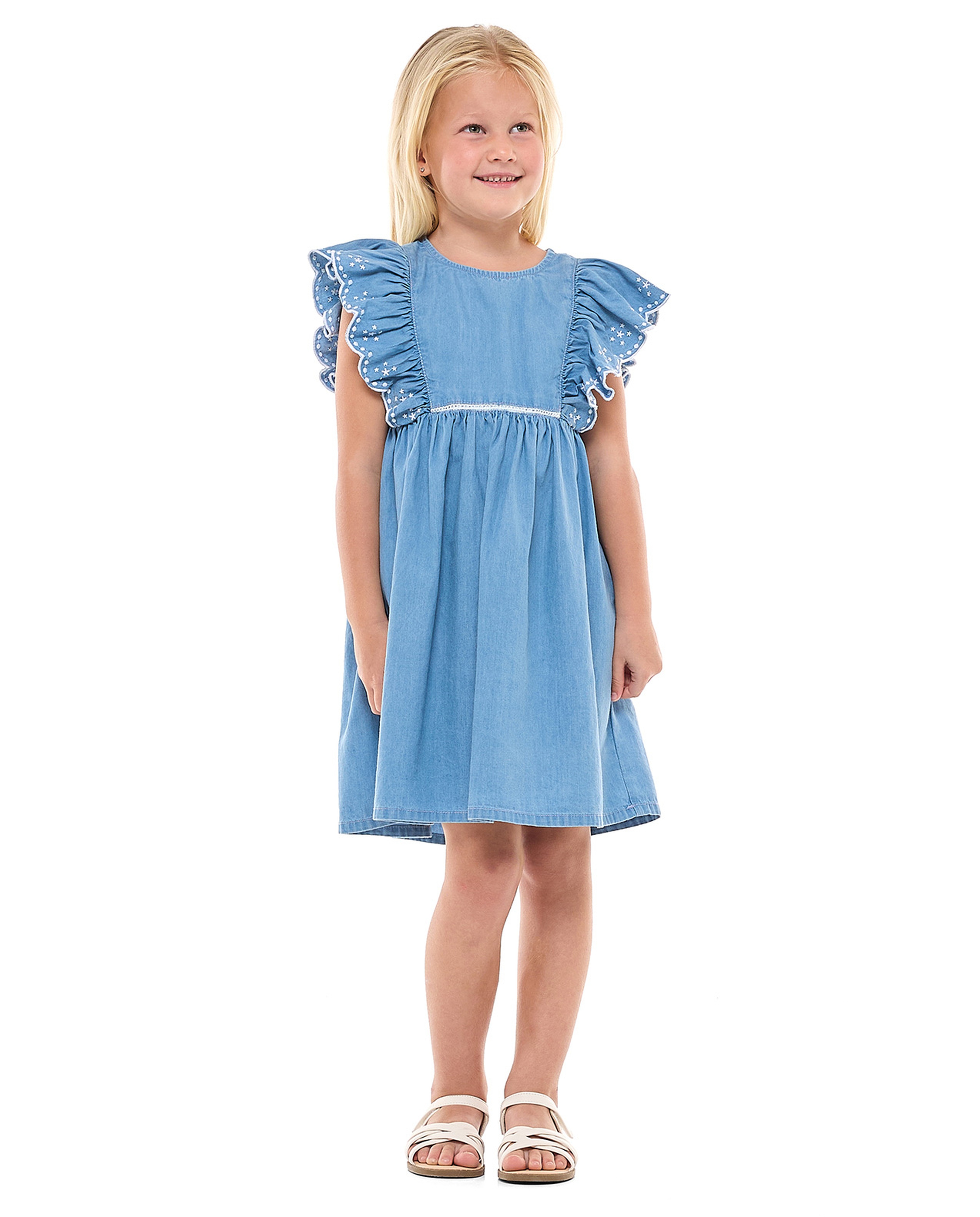 Embroidered Denim Dress with Crew Neck and Flutter Sleeves