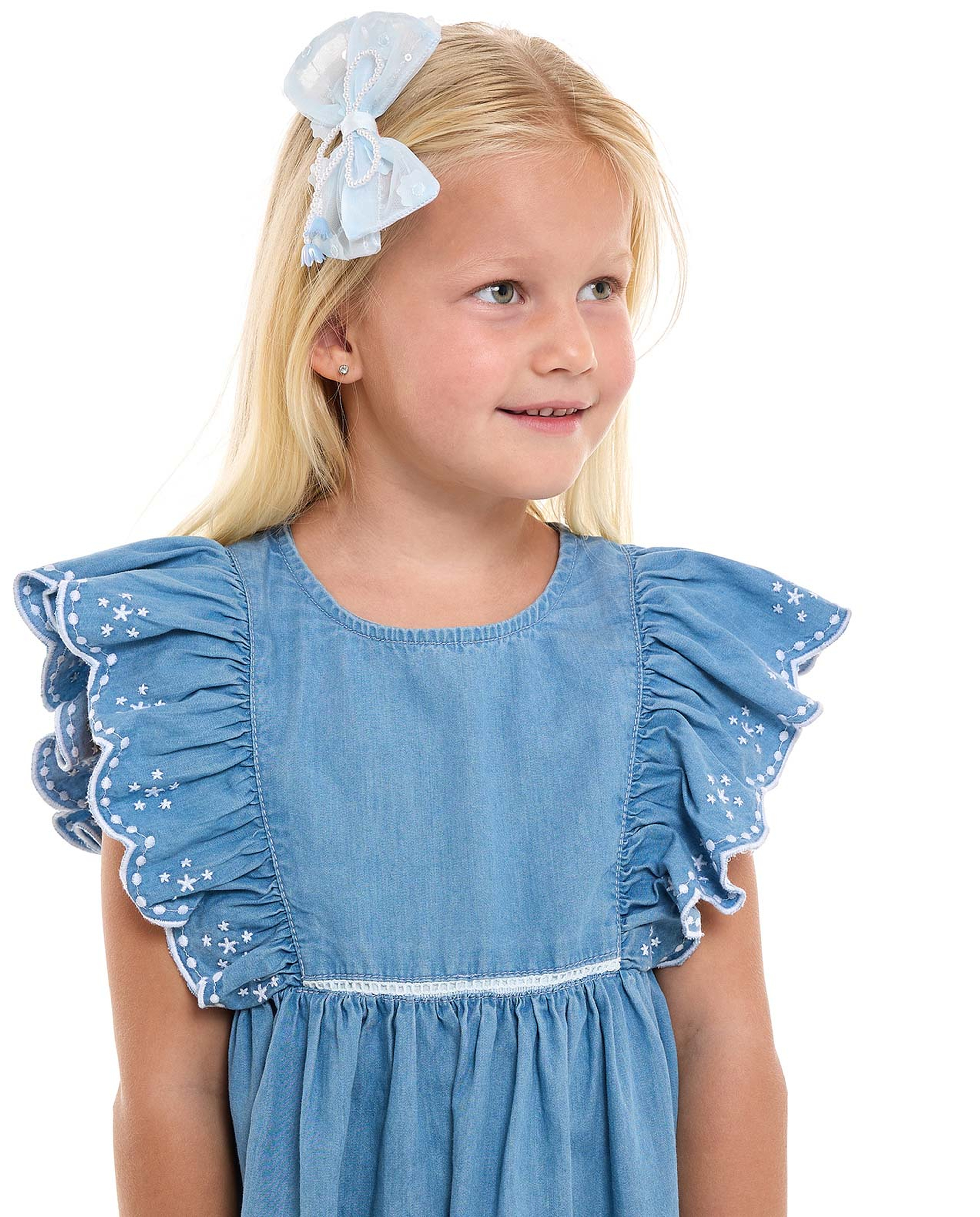 Embroidered Denim Dress with Crew Neck and Flutter Sleeves