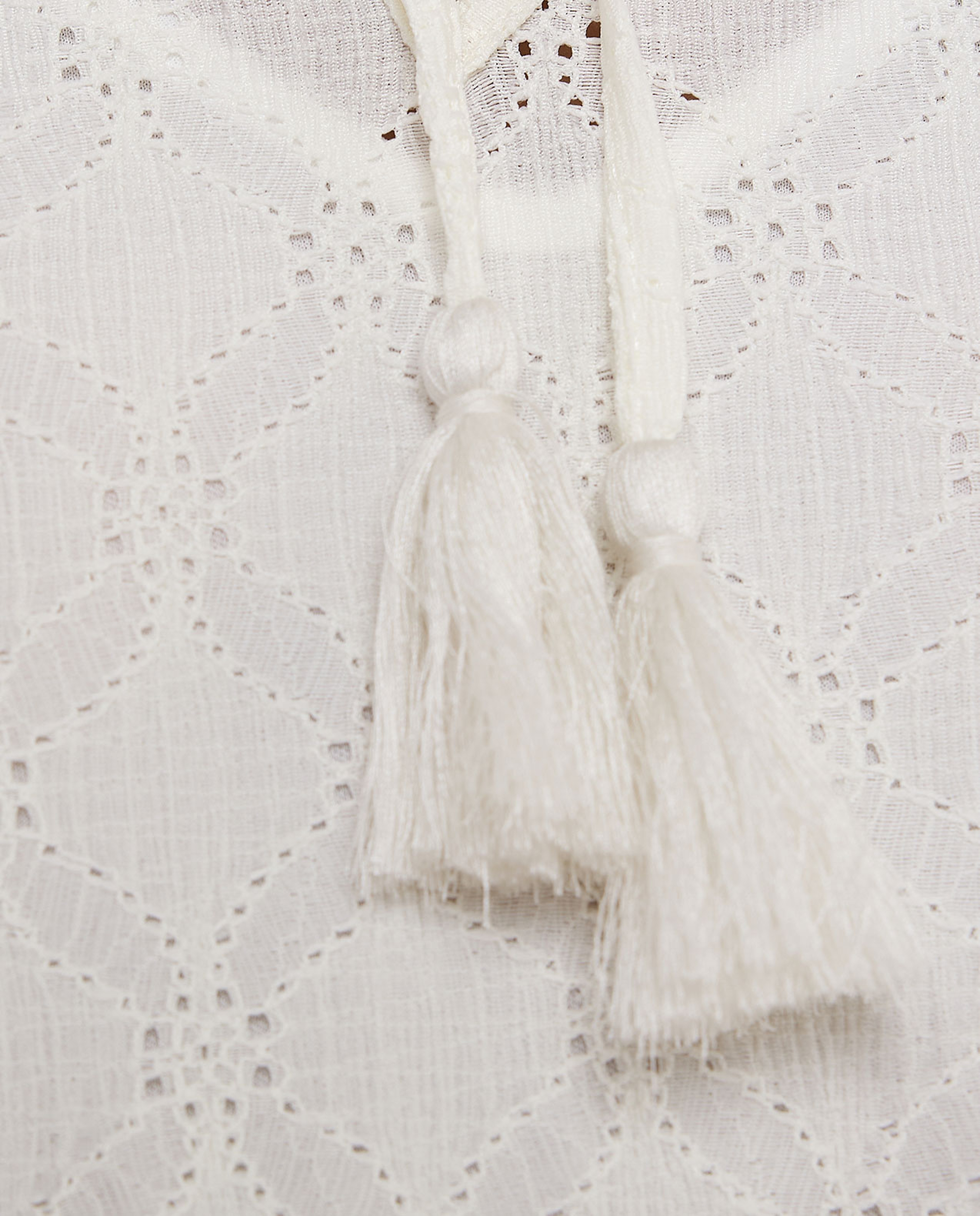 Schiffli Mini Dress with Tie-Up Neck and 3/4 Sleeves