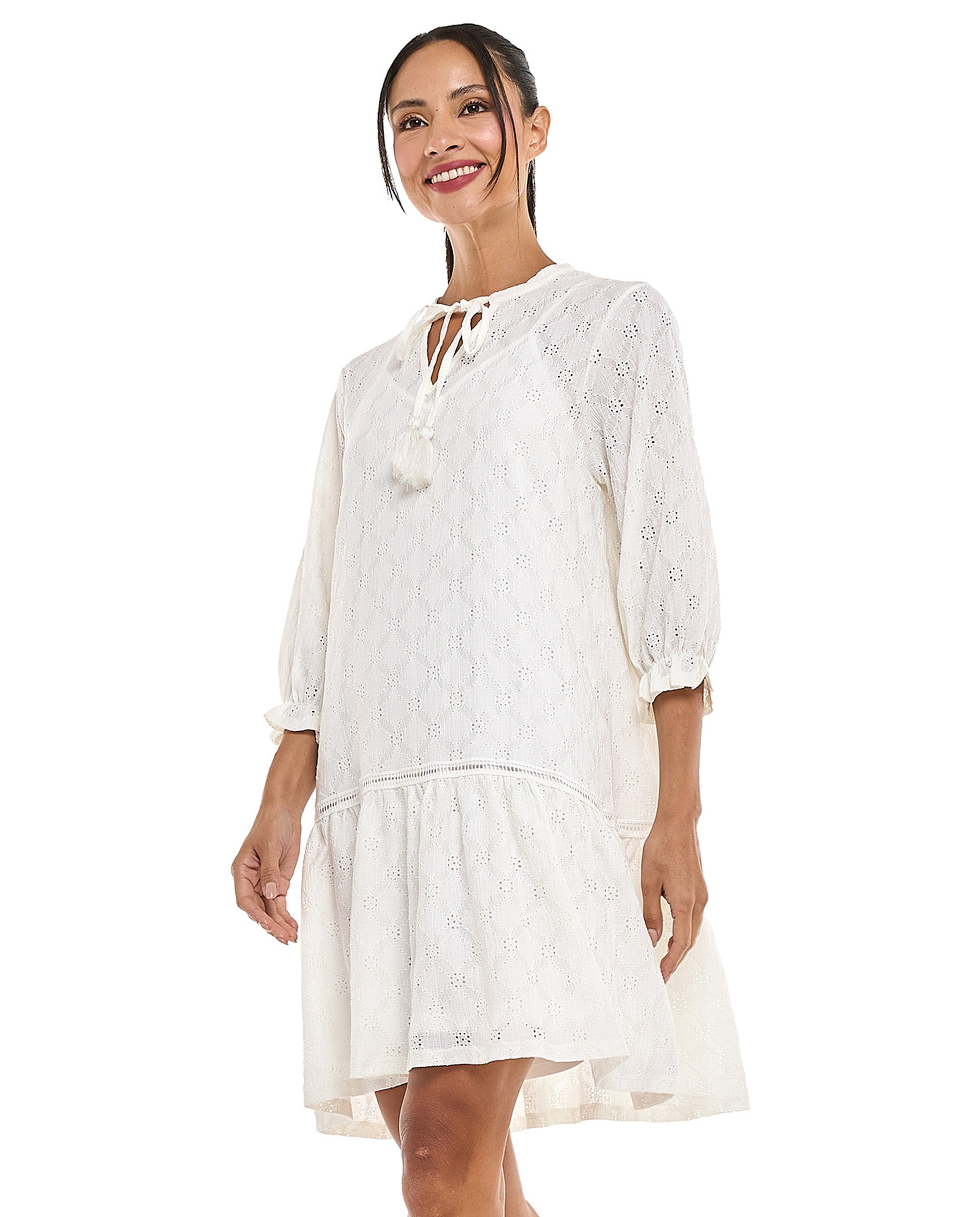 Schiffli Mini Dress with Tie-Up Neck and 3/4 Sleeves