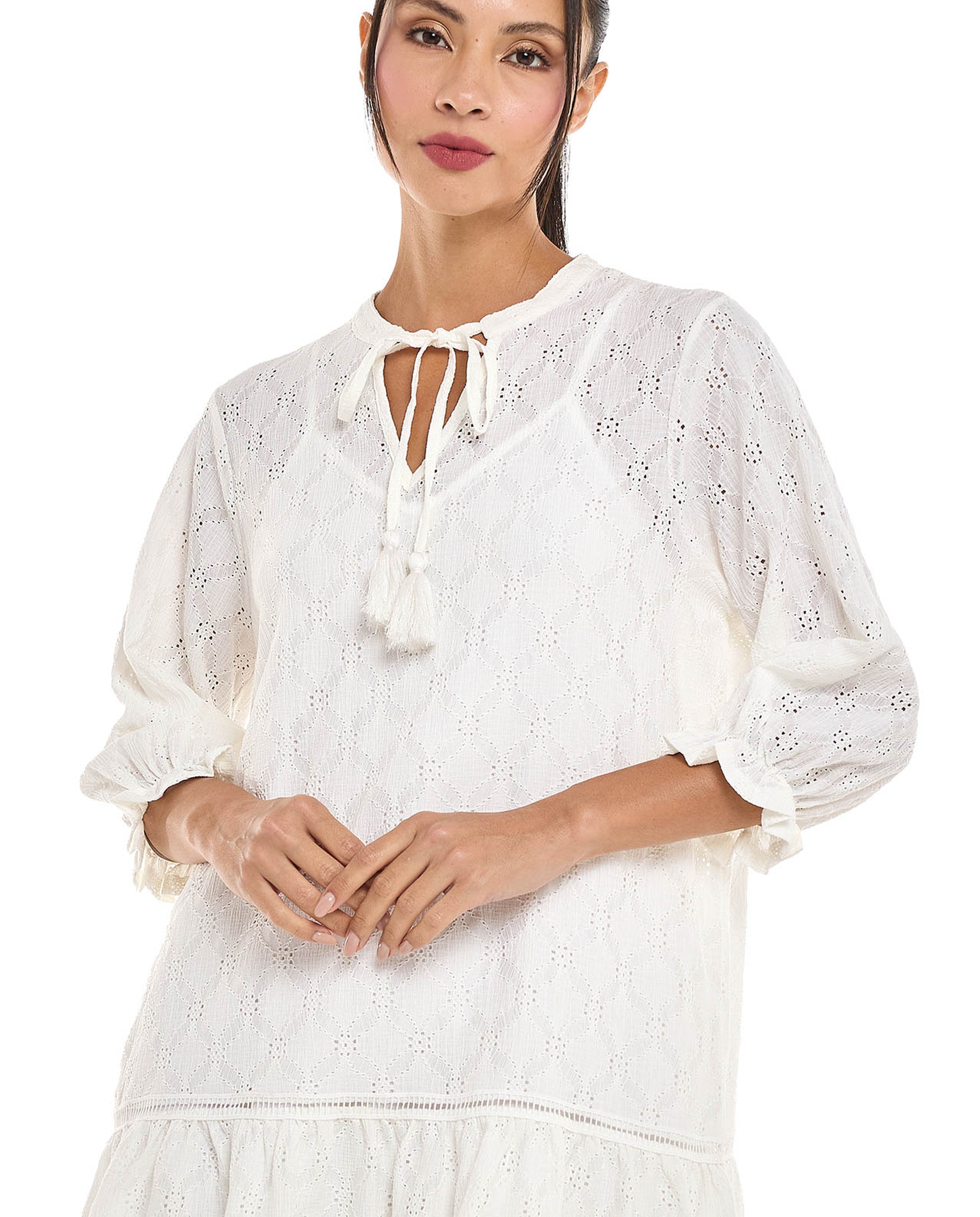 Schiffli Mini Dress with Tie-Up Neck and 3/4 Sleeves