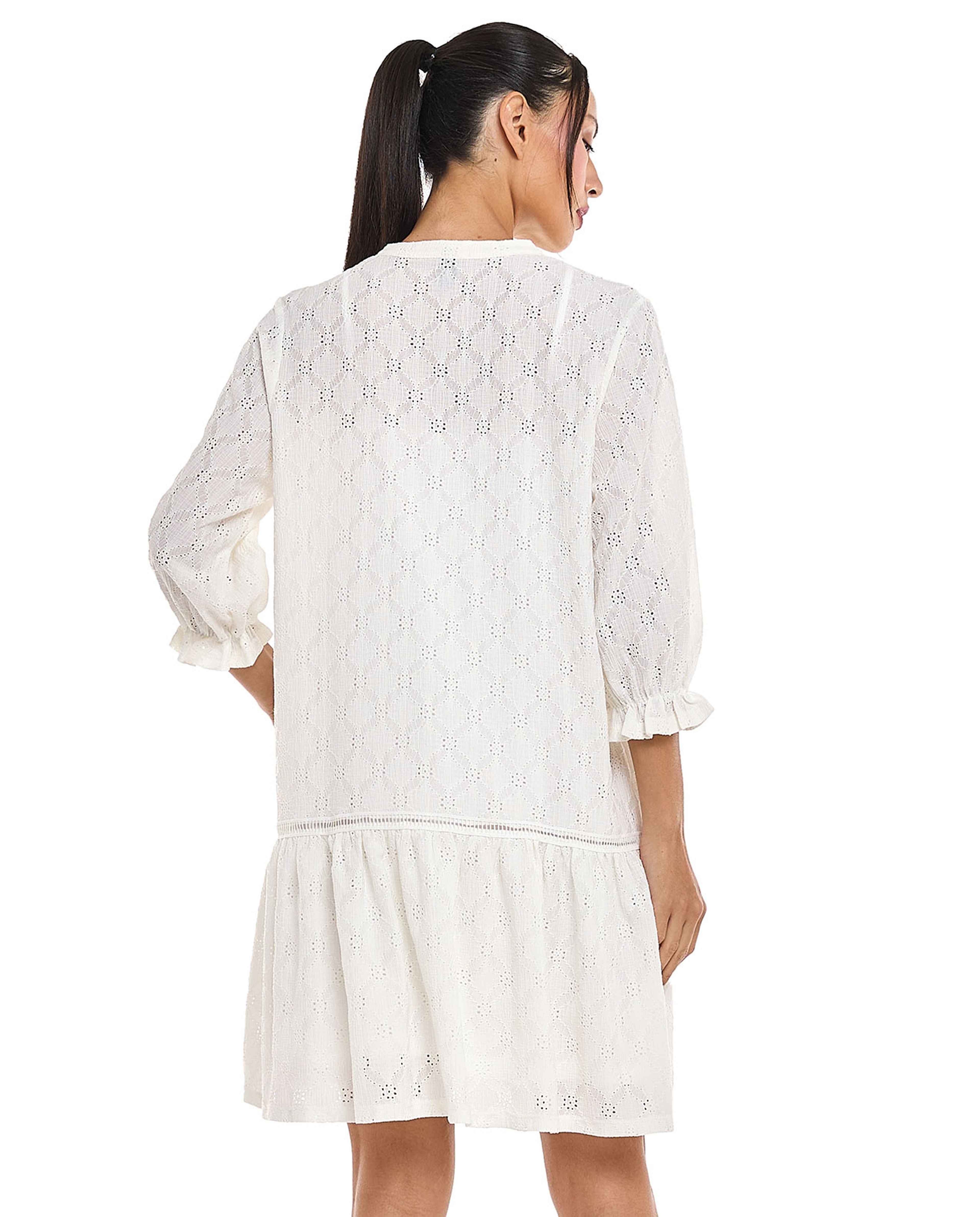 Schiffli Mini Dress with Tie-Up Neck and 3/4 Sleeves