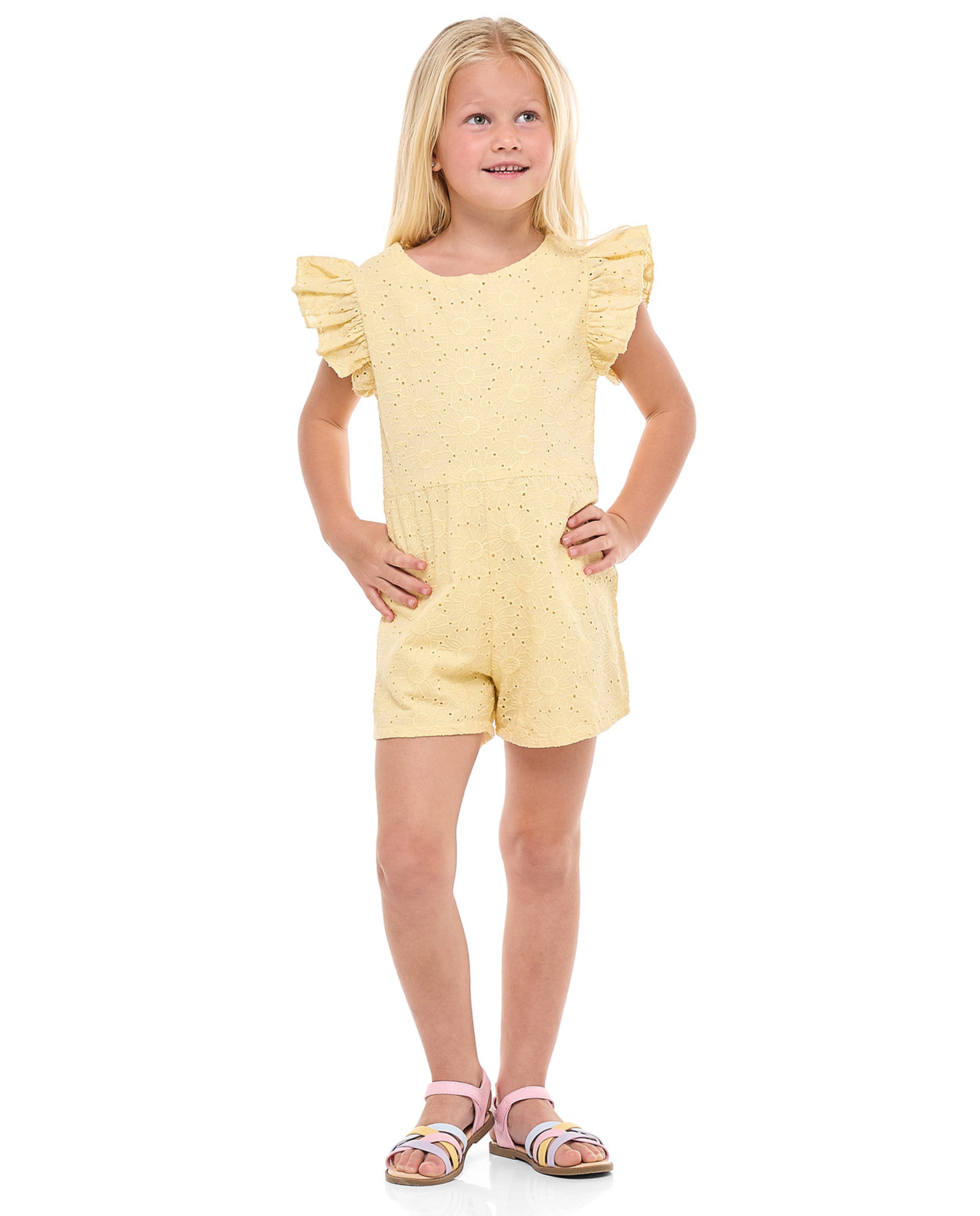 Schiffli Playsuit with Crew Neck and Flutter Sleeves