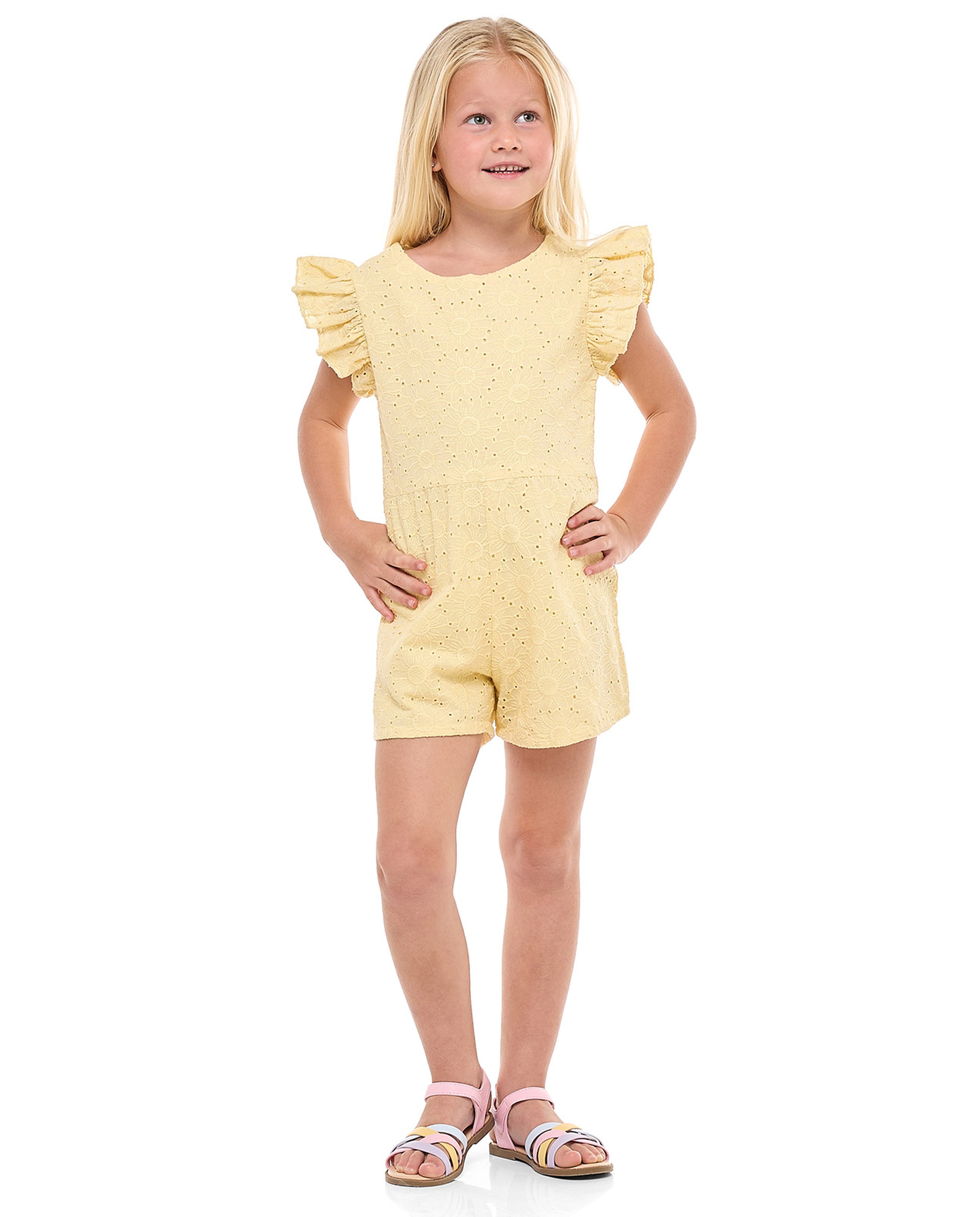 Schiffli Playsuit with Crew Neck and Flutter Sleeves