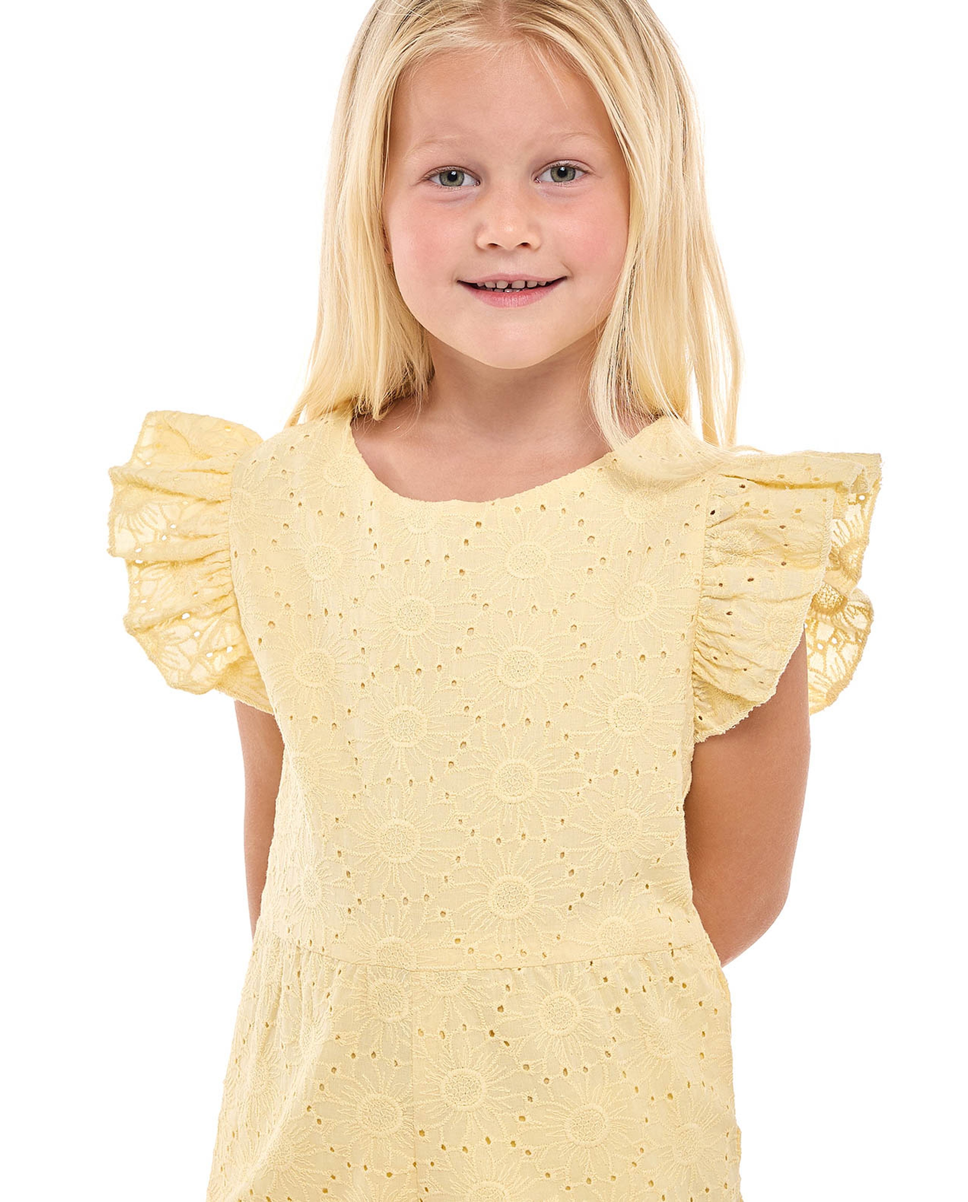 Schiffli Playsuit with Crew Neck and Flutter Sleeves