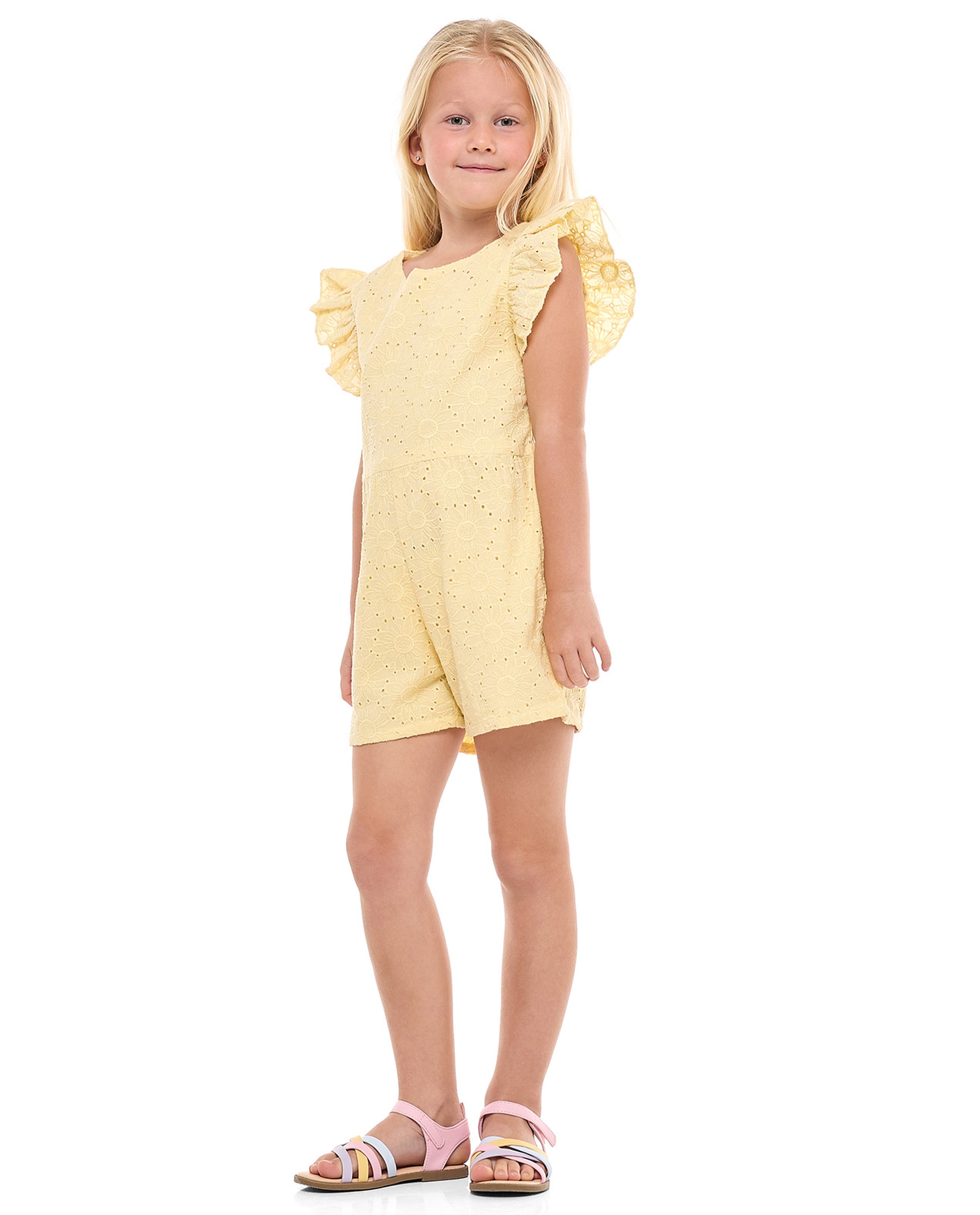 Schiffli Playsuit with Crew Neck and Flutter Sleeves