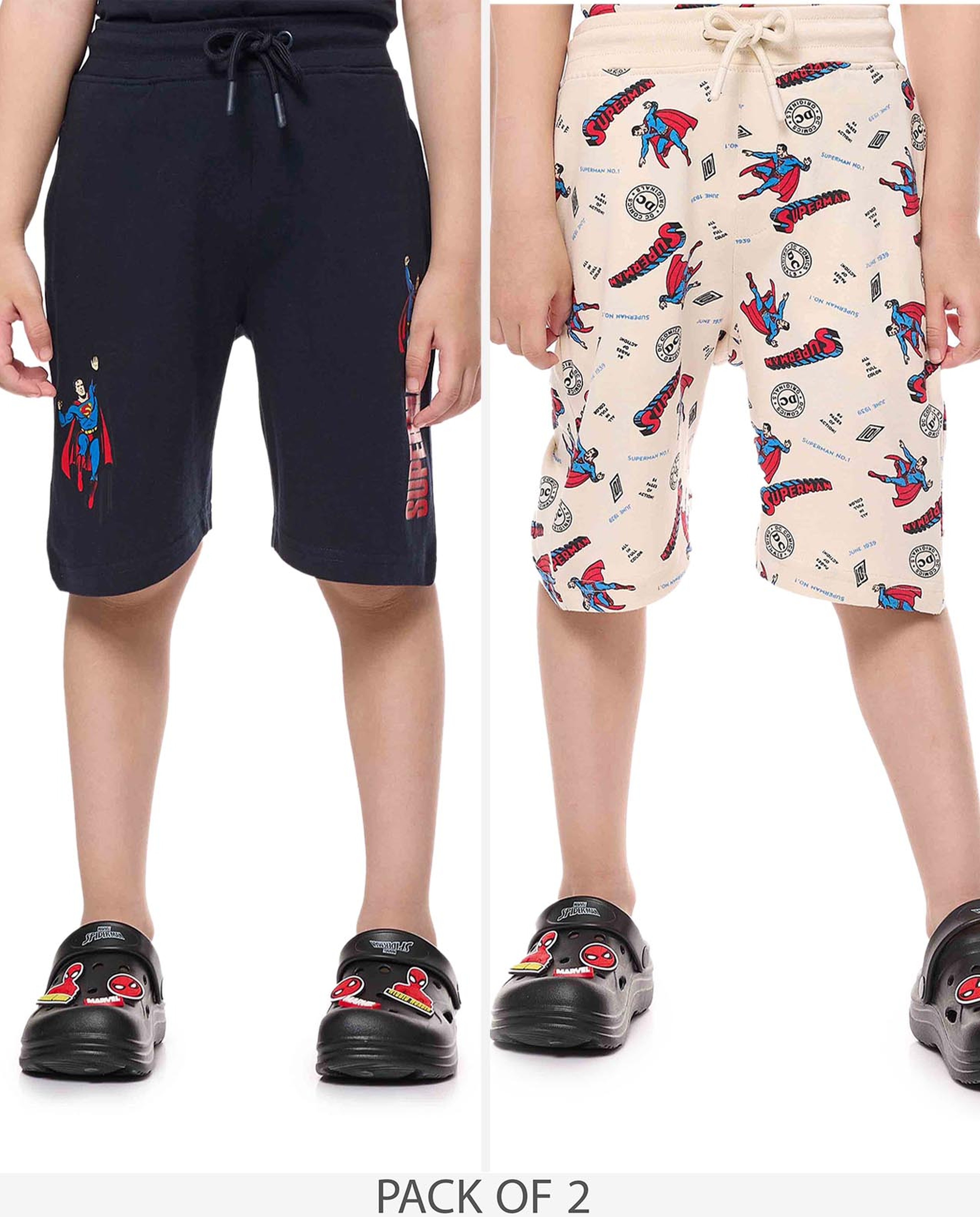 2 Pack Superman Printed Shorts with Drawstring Waist