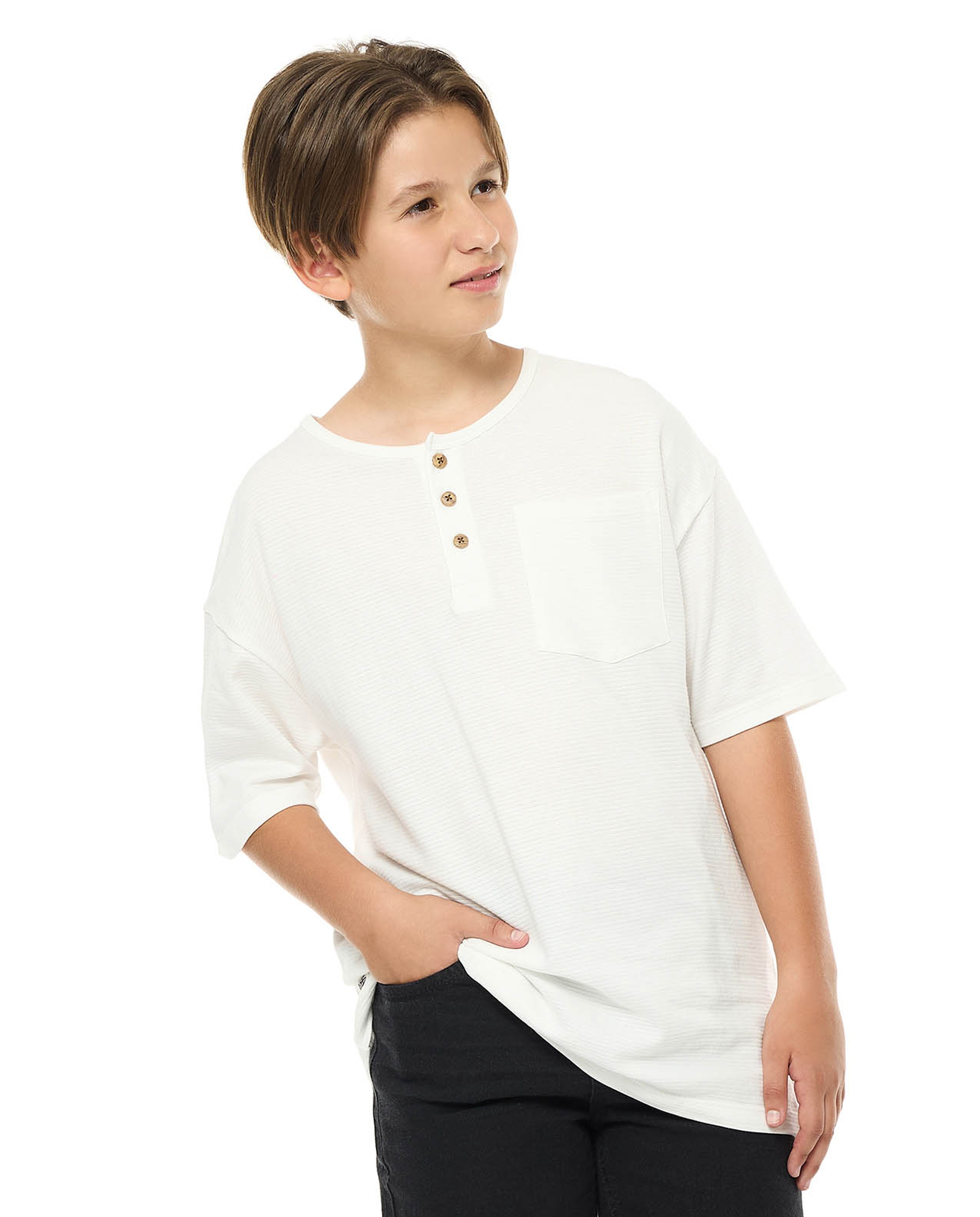 Pocket Detail Oversized T-Shirt with Henley Neck and Short Sleeves
