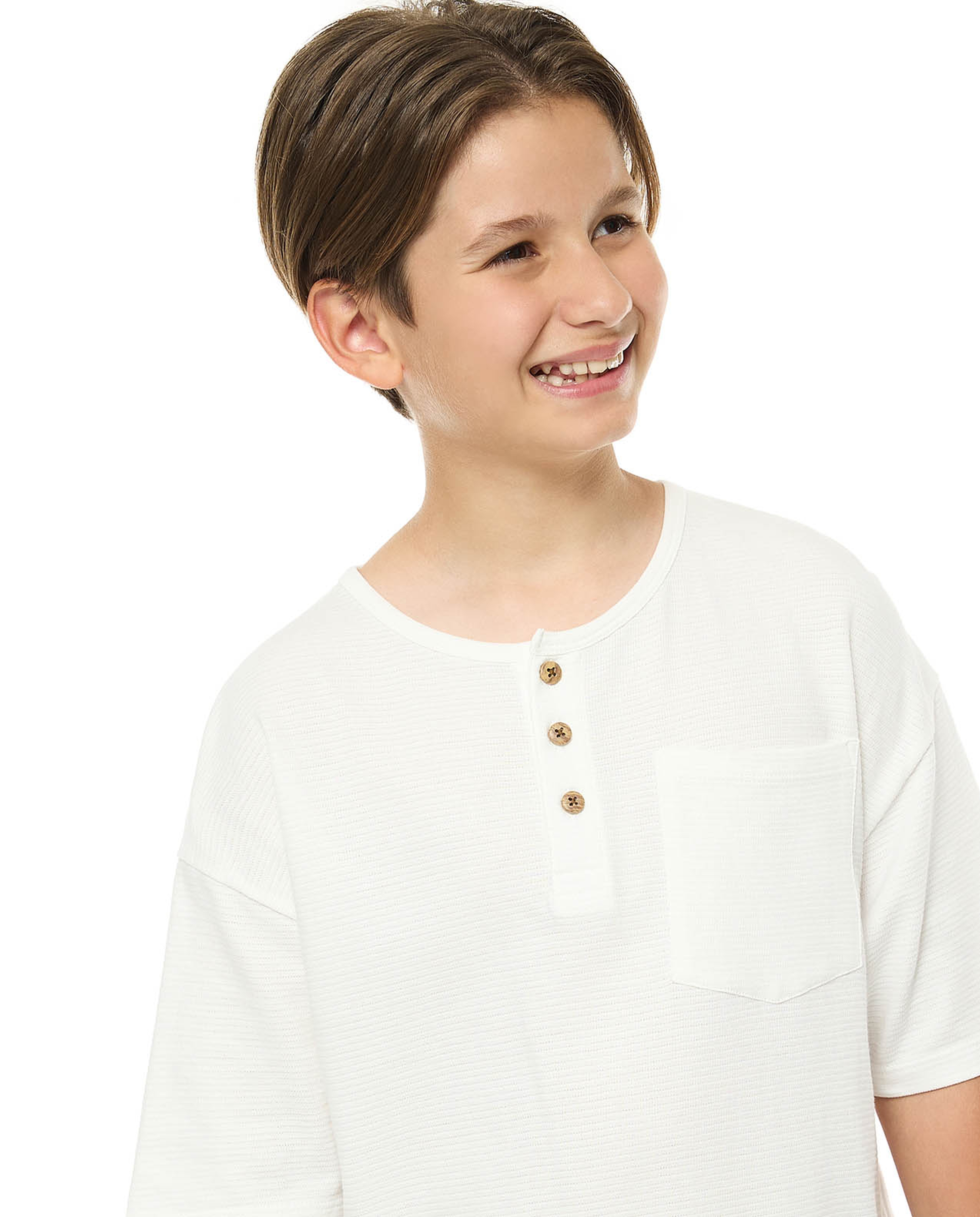 Pocket Detail Oversized T-Shirt with Henley Neck and Short Sleeves