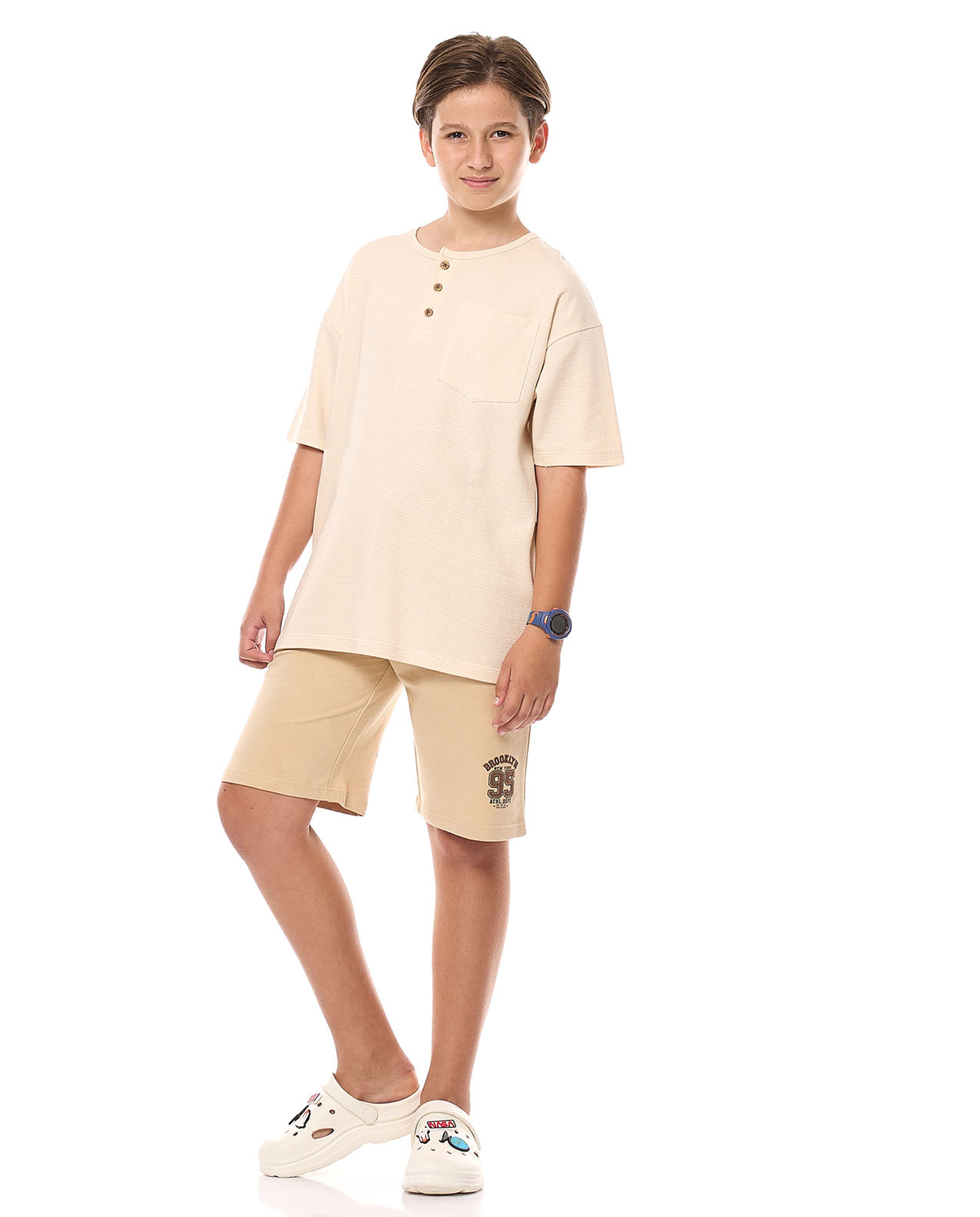 Pocket Detail Oversized T-Shirt with Henley Neck and Short Sleeves