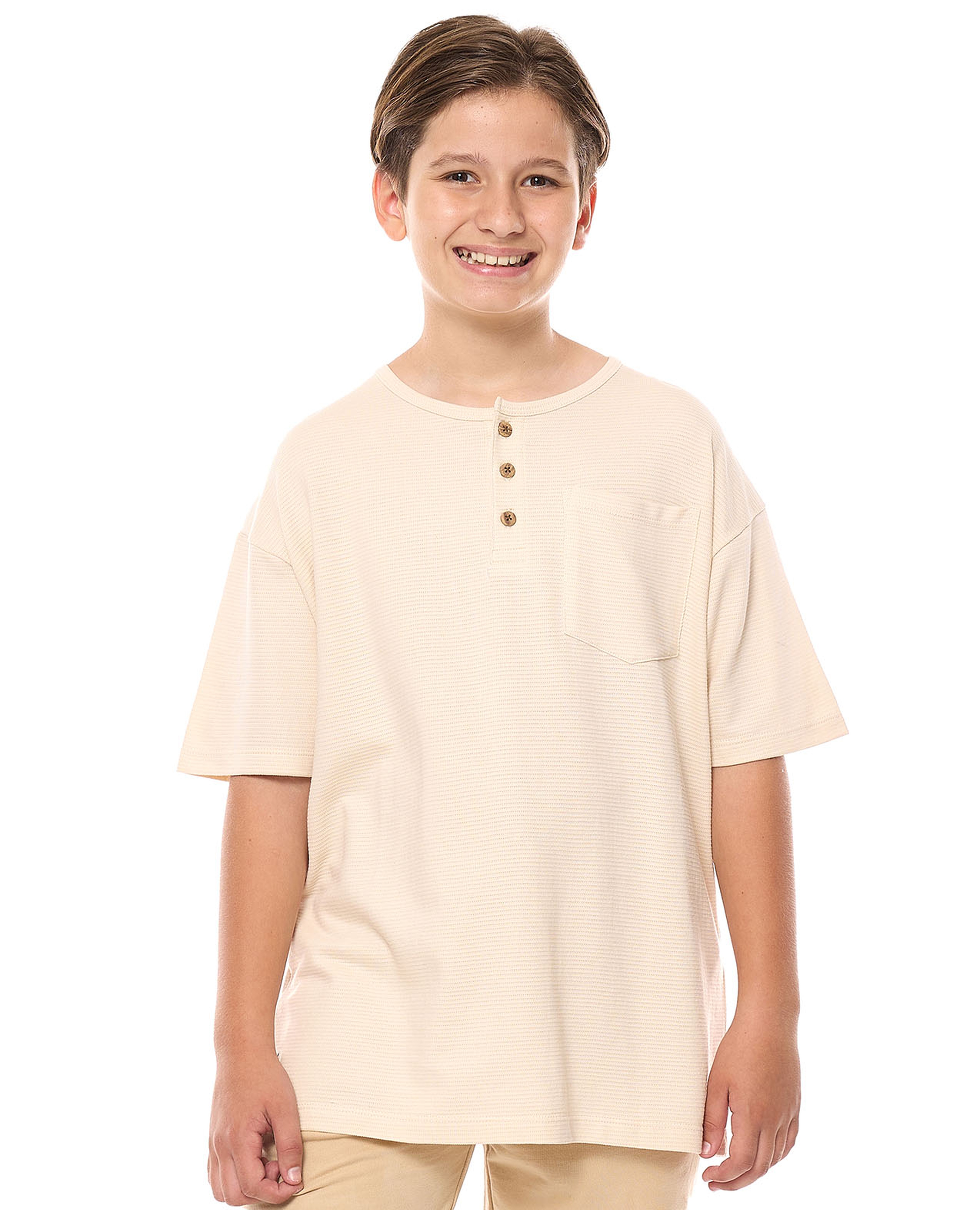 Pocket Detail Oversized T-Shirt with Henley Neck and Short Sleeves