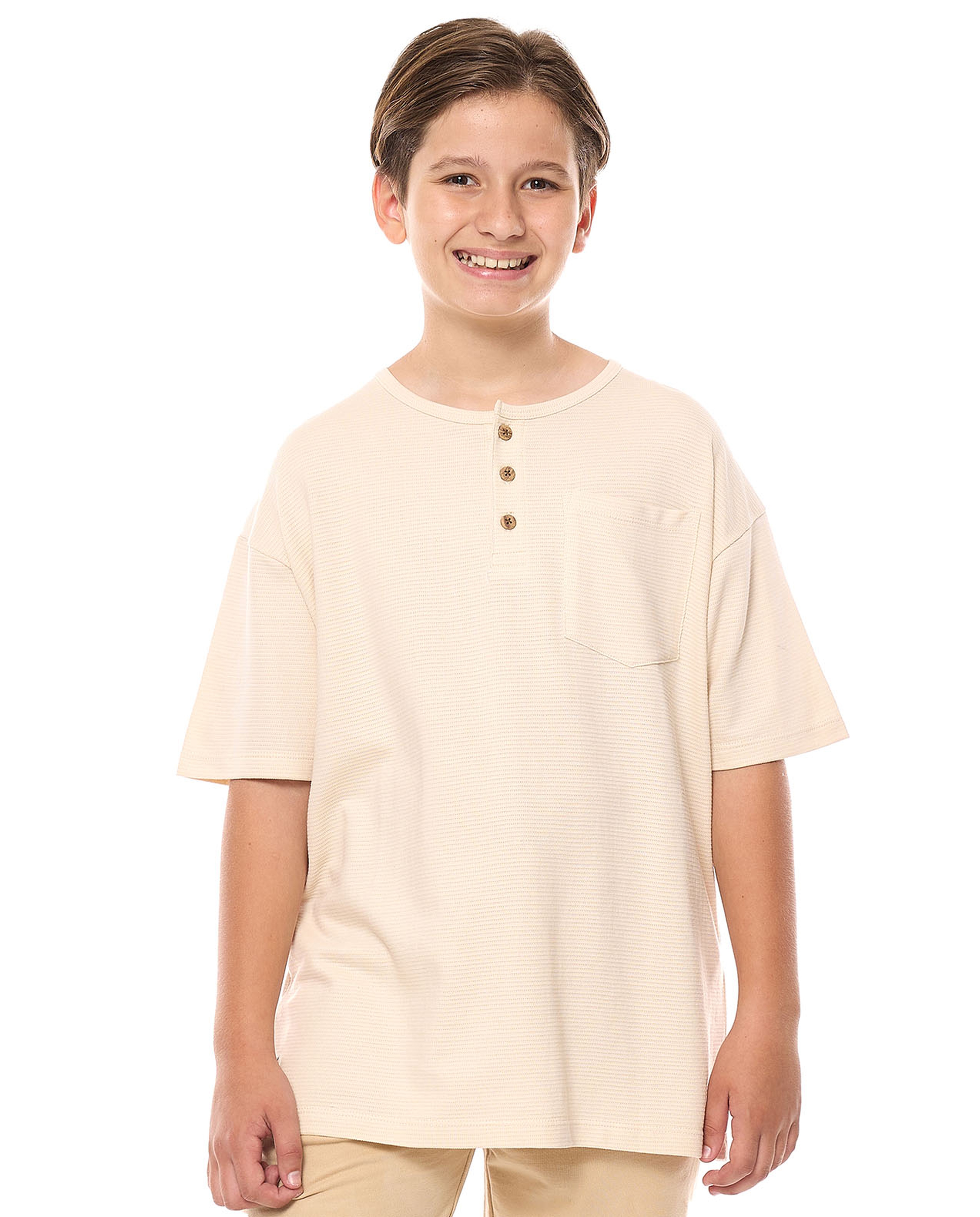 Pocket Detail Oversized T-Shirt with Henley Neck and Short Sleeves