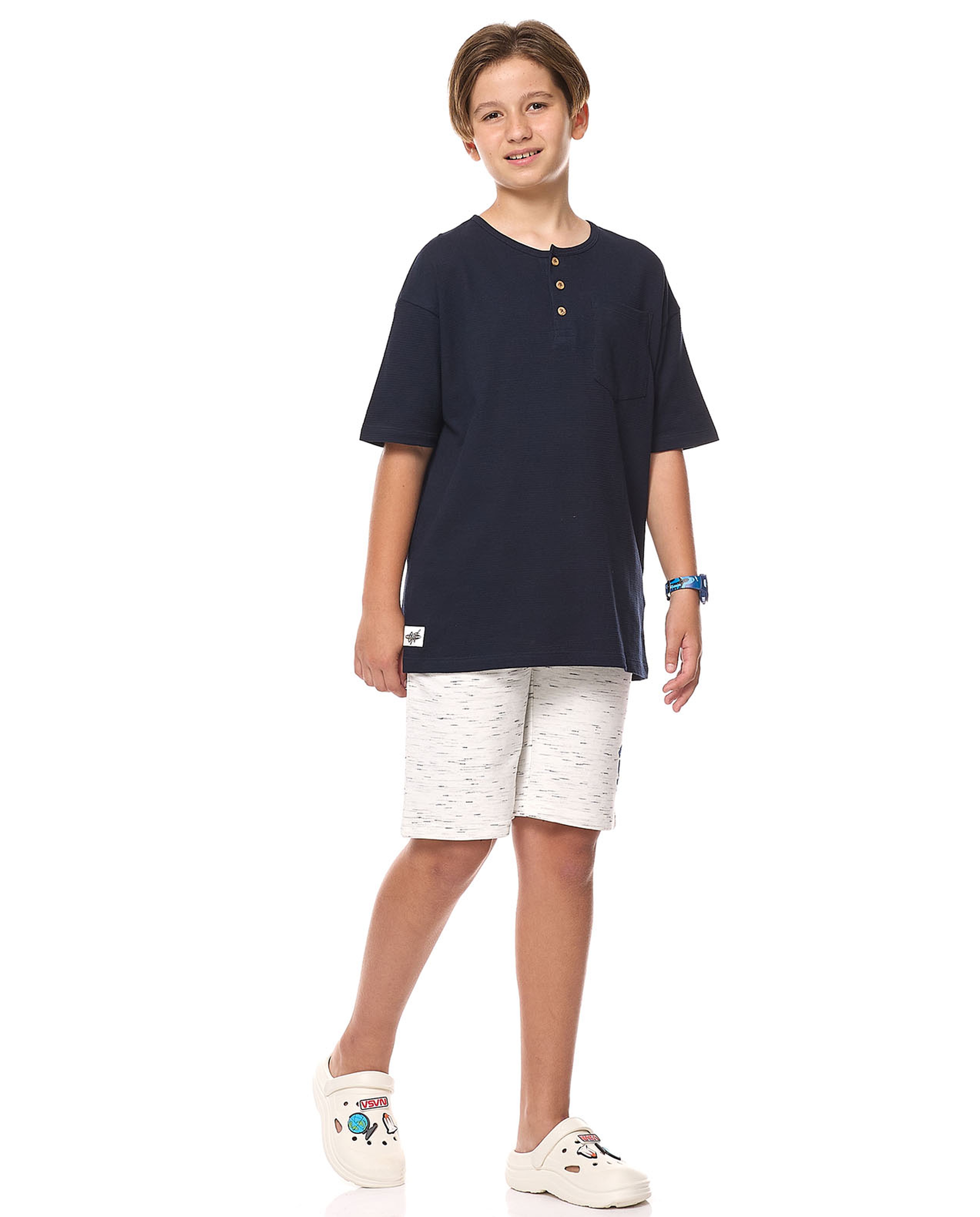 Pocket Detail Oversized T-Shirt with Henley Neck and Short Sleeves