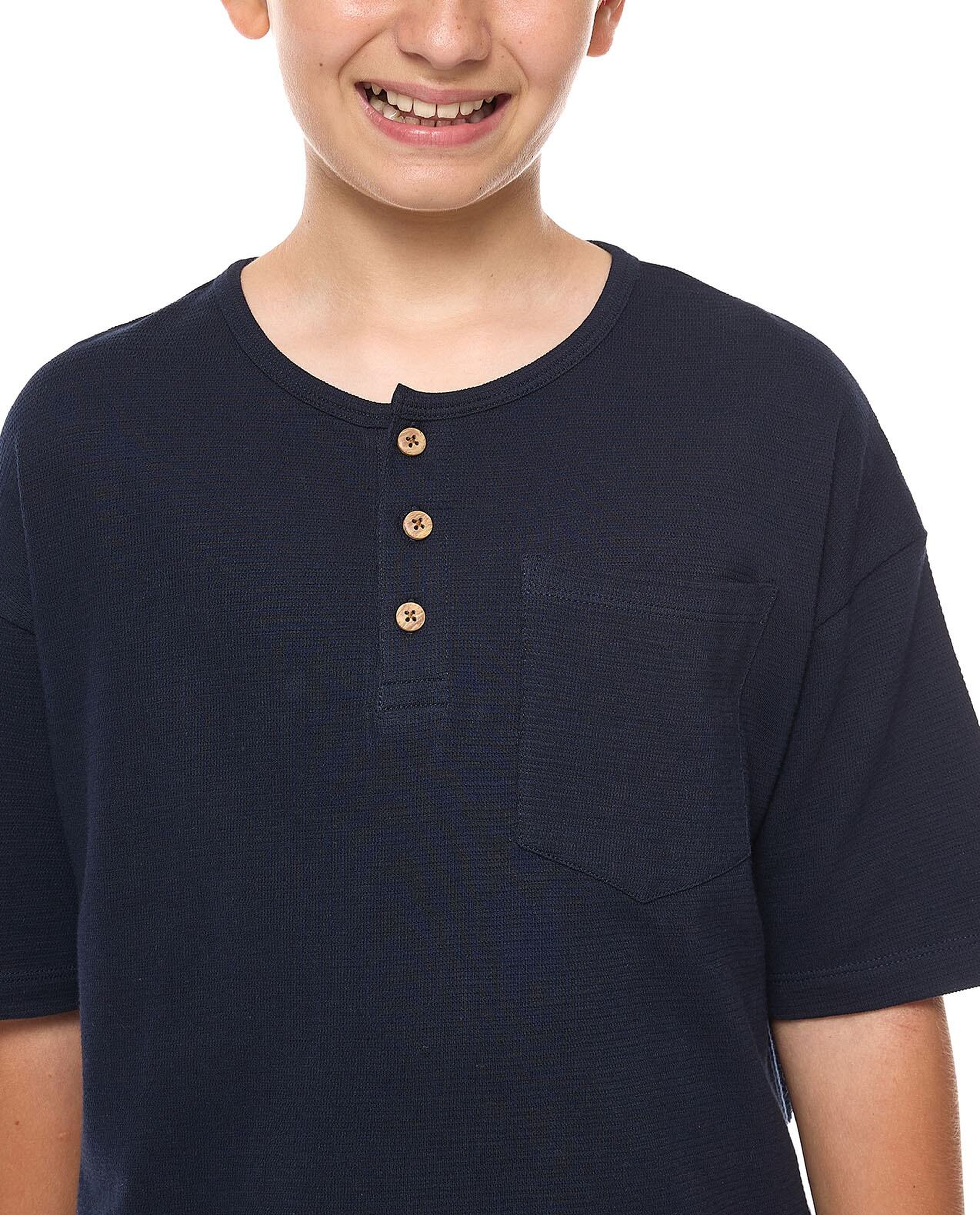 Pocket Detail Oversized T-Shirt with Henley Neck and Short Sleeves