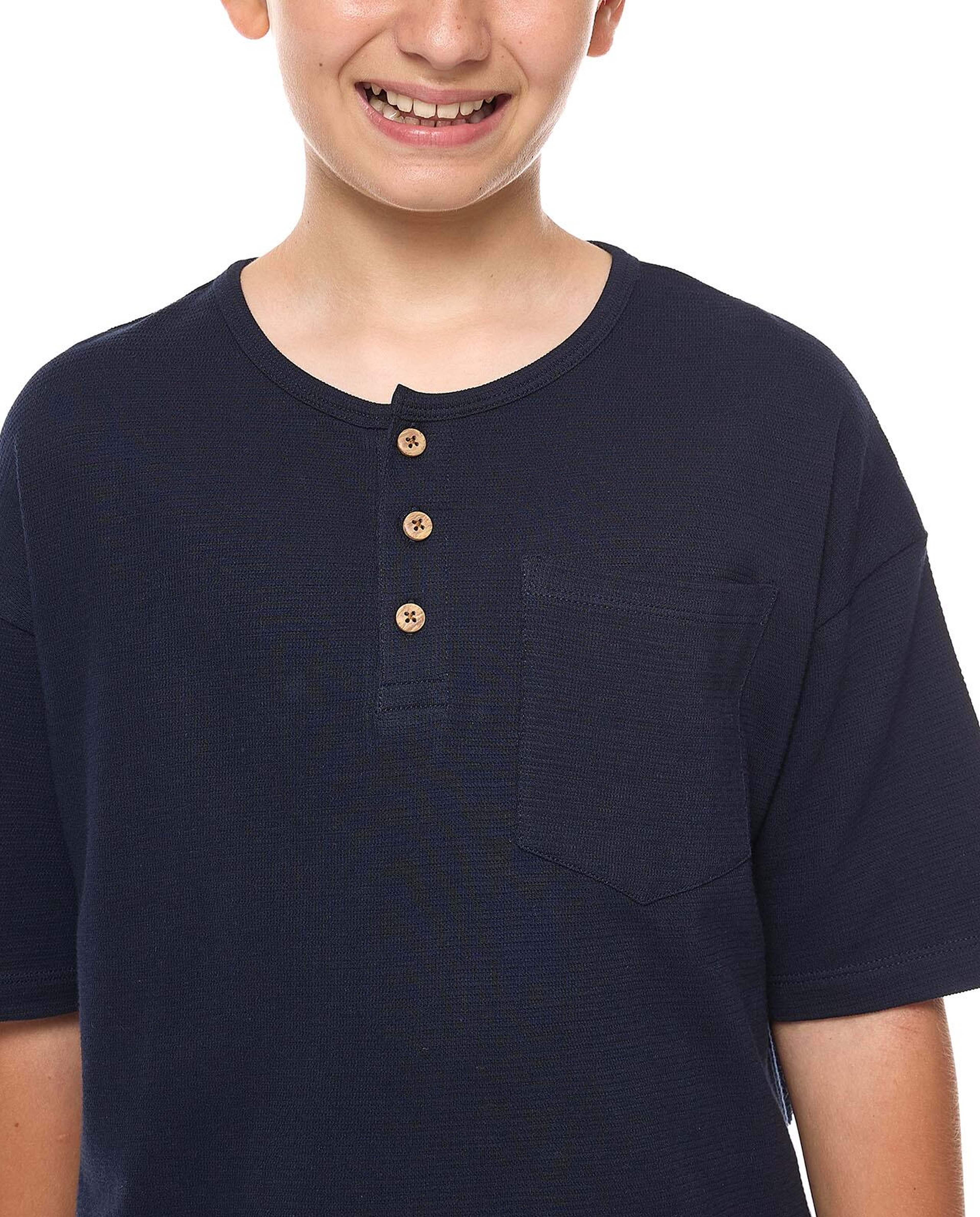 Pocket Detail Oversized T-Shirt with Henley Neck and Short Sleeves