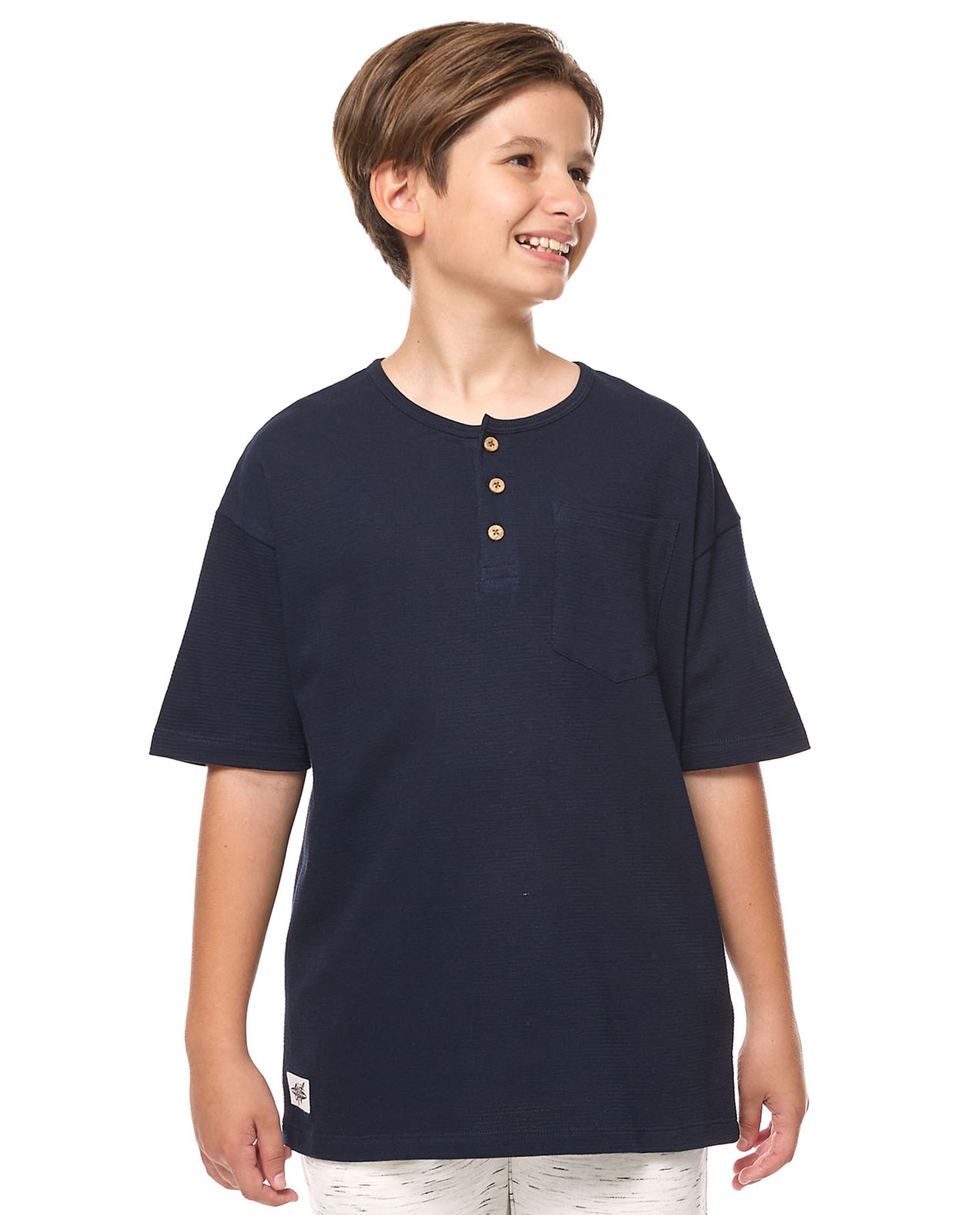 Pocket Detail Oversized T-Shirt with Henley Neck and Short Sleeves