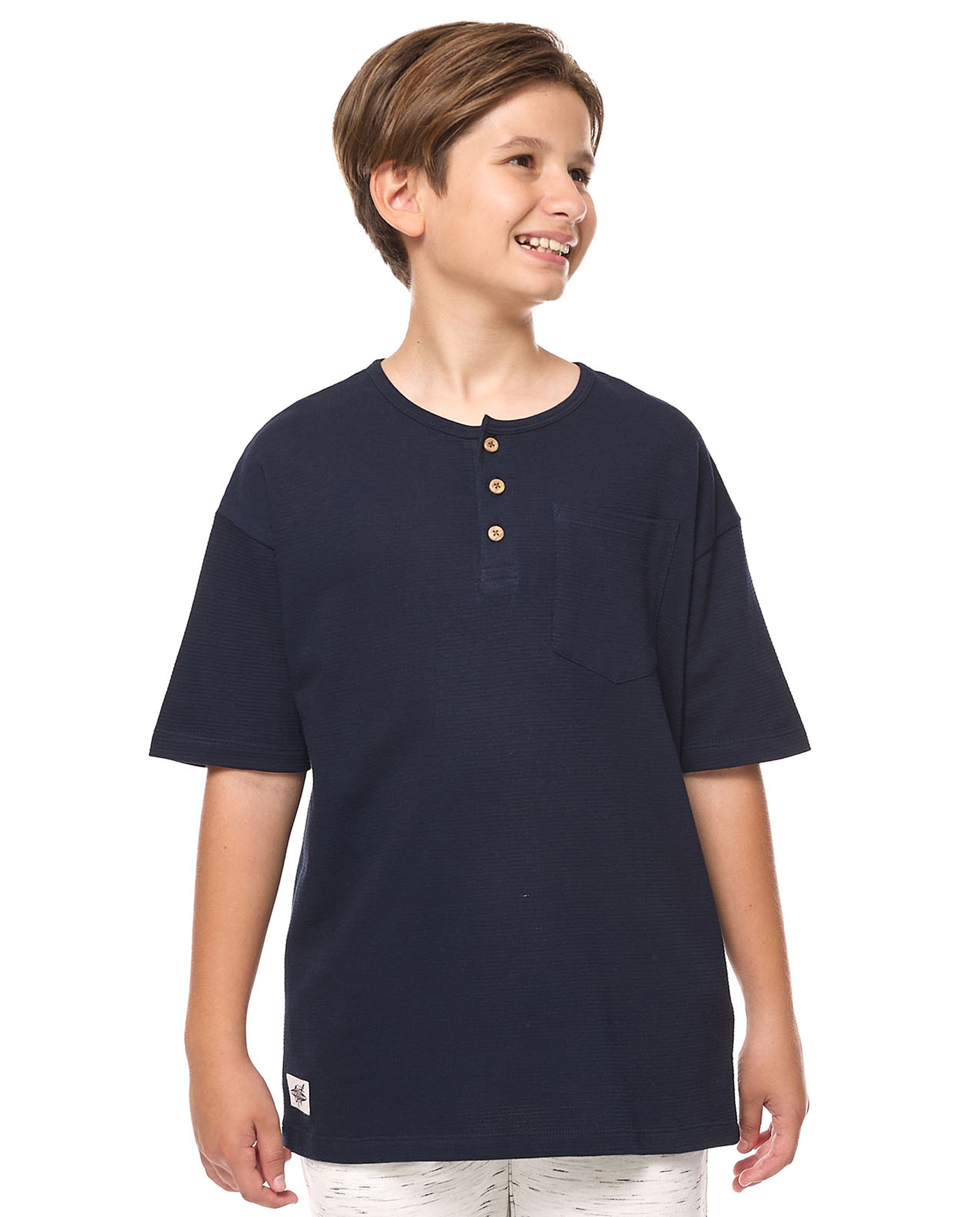 Pocket Detail Oversized T-Shirt with Henley Neck and Short Sleeves
