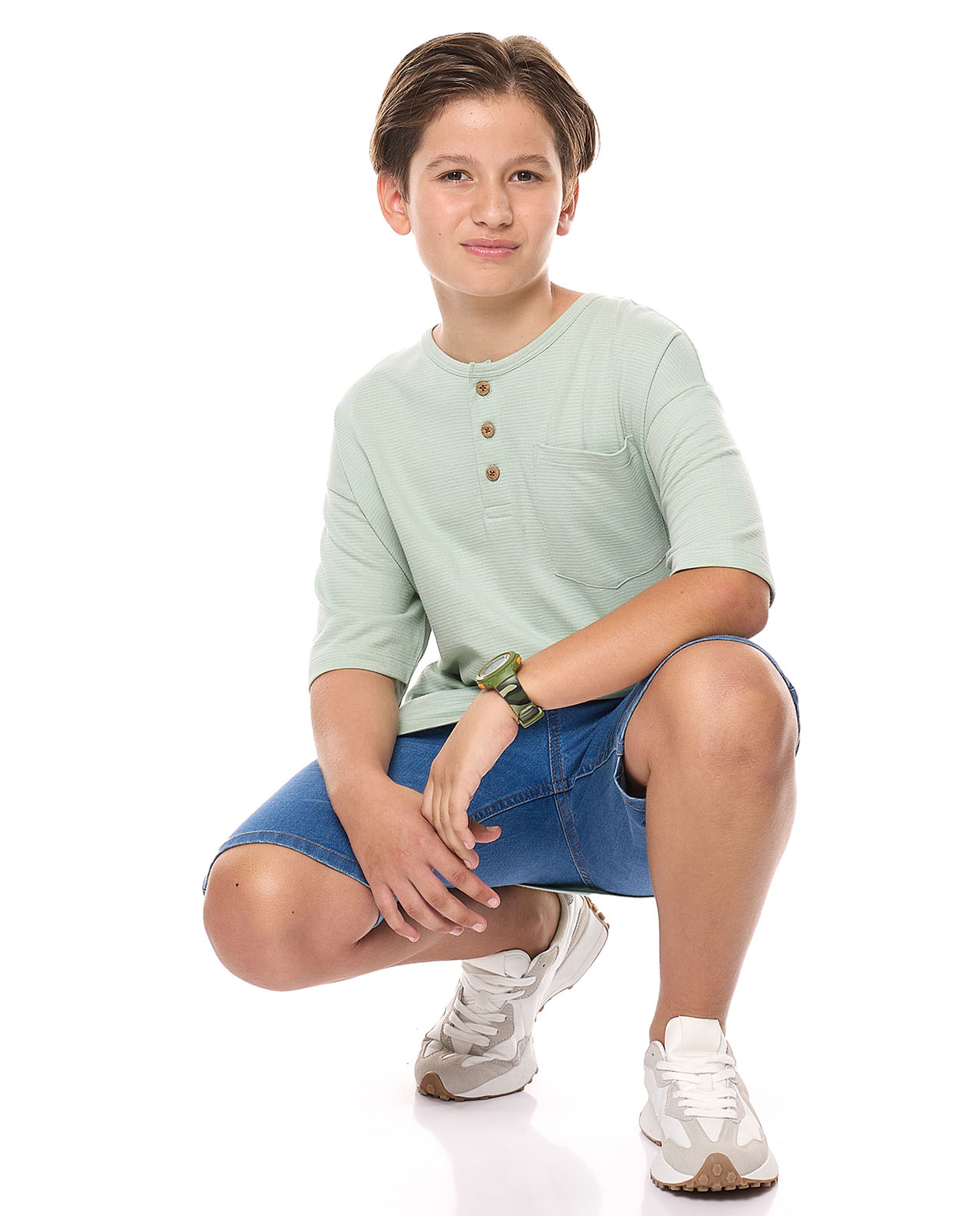 Pocket Detail Oversized T-Shirt with Henley Neck and Short Sleeves