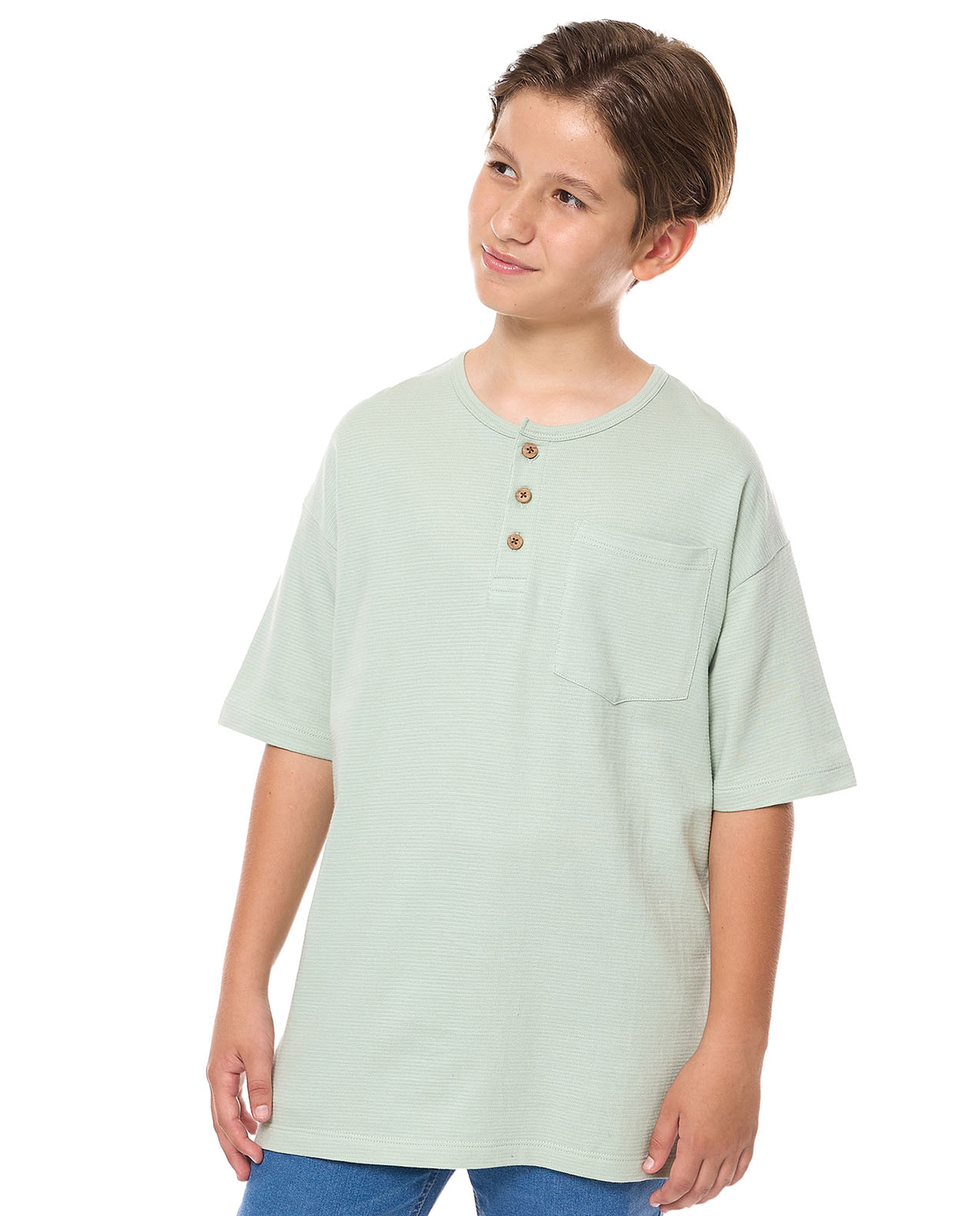 Pocket Detail Oversized T-Shirt with Henley Neck and Short Sleeves