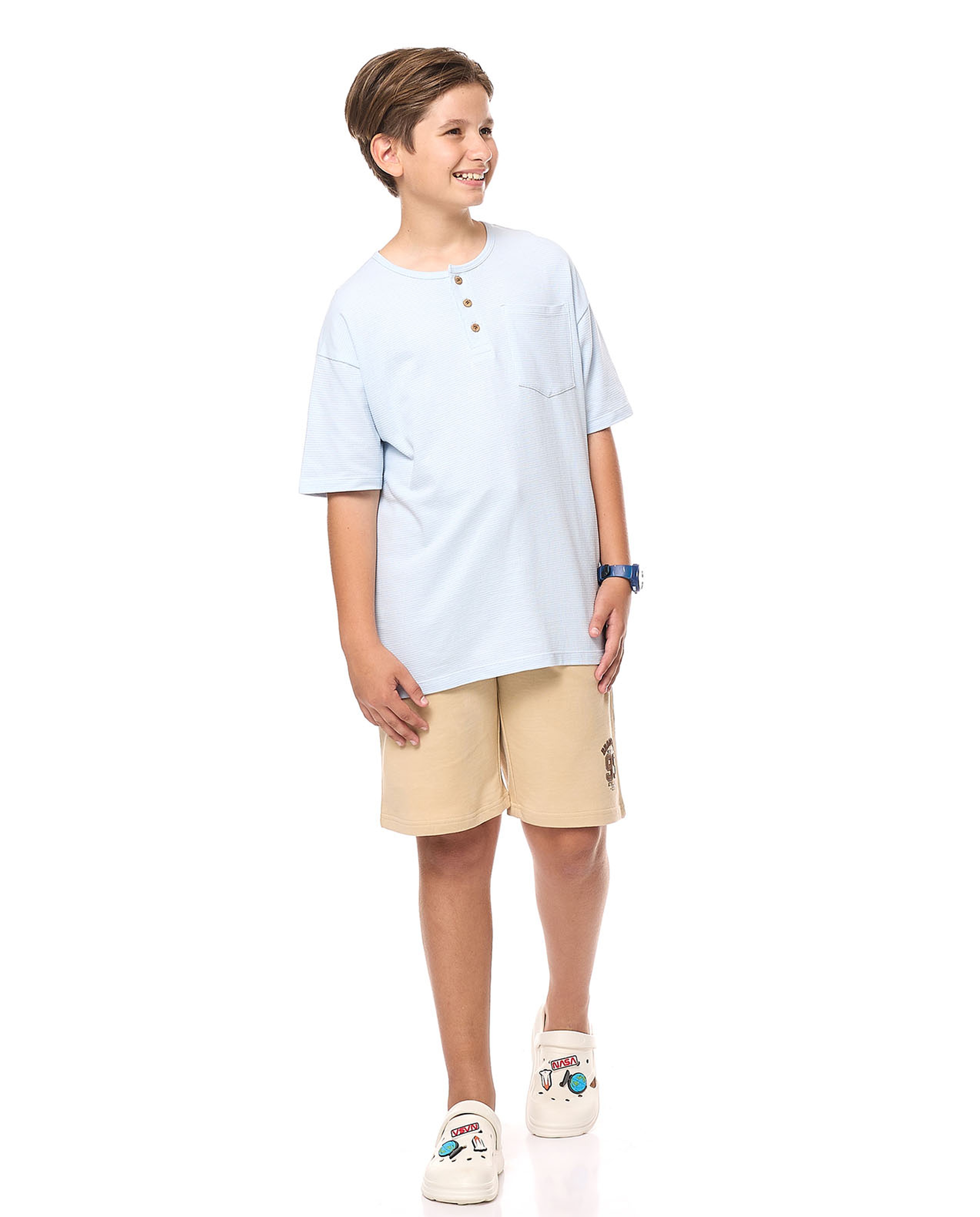 Pocket Detail Oversized T-Shirt with Henley Neck and Short Sleeves