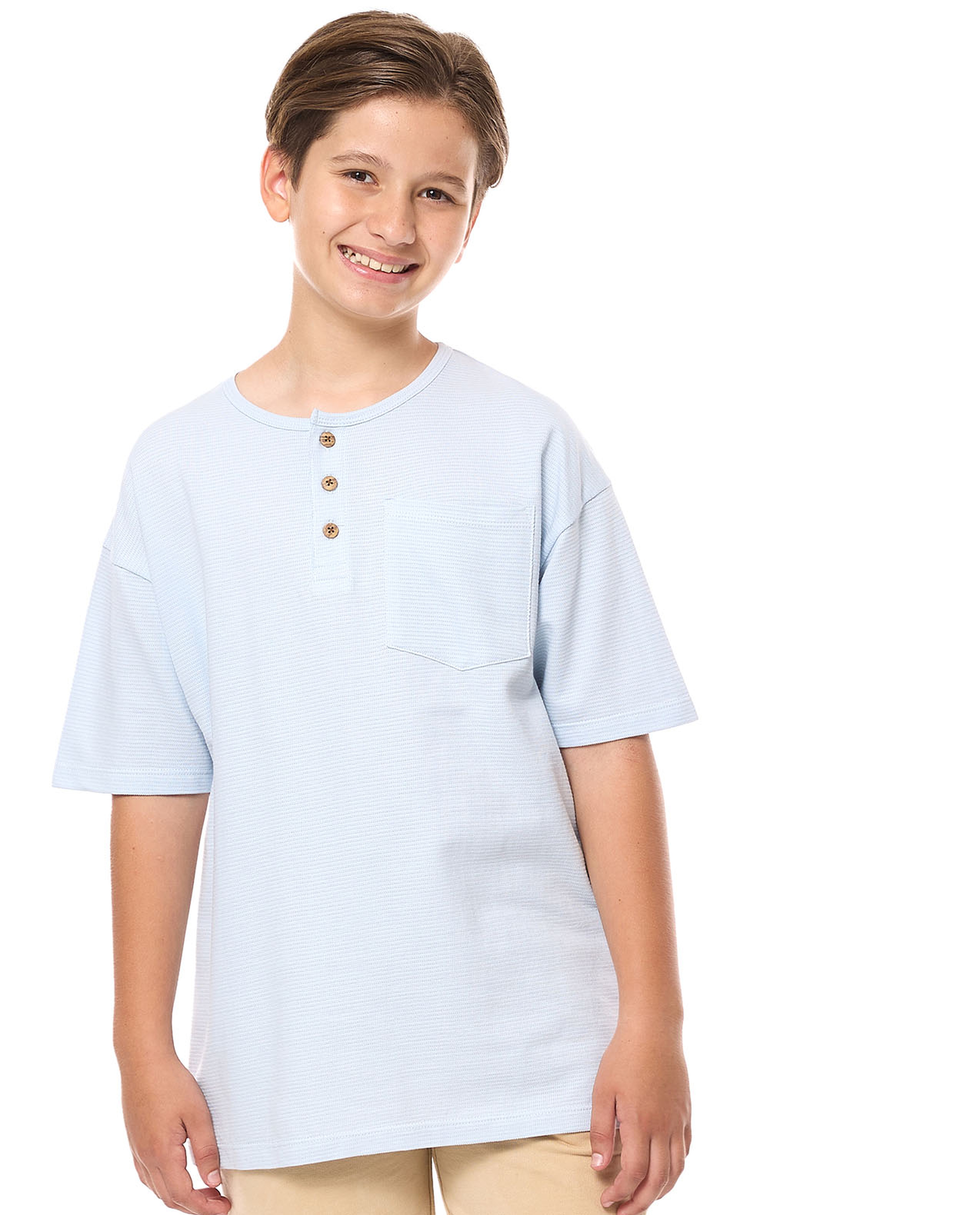 Pocket Detail Oversized T-Shirt with Henley Neck and Short Sleeves