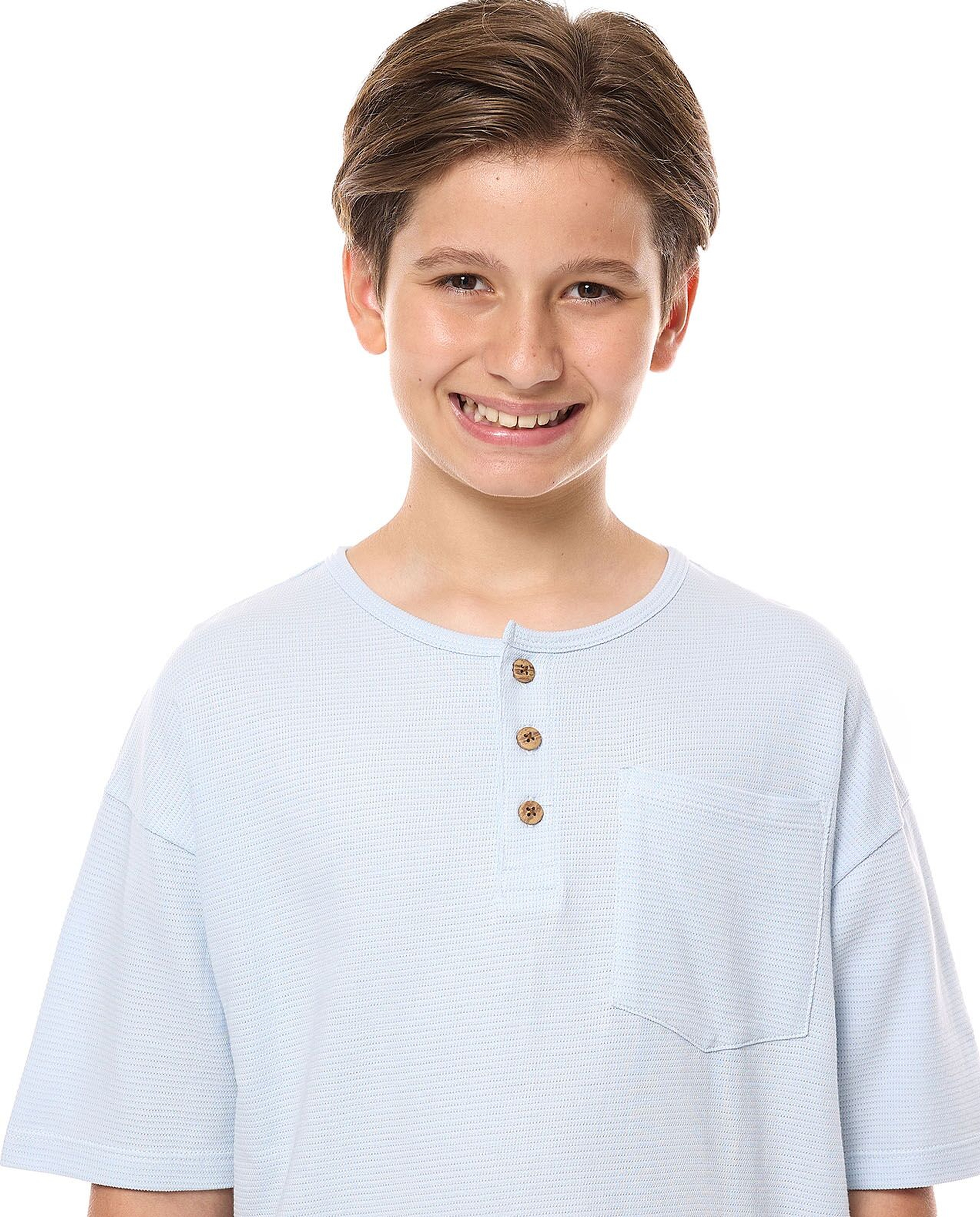 Pocket Detail Oversized T-Shirt with Henley Neck and Short Sleeves