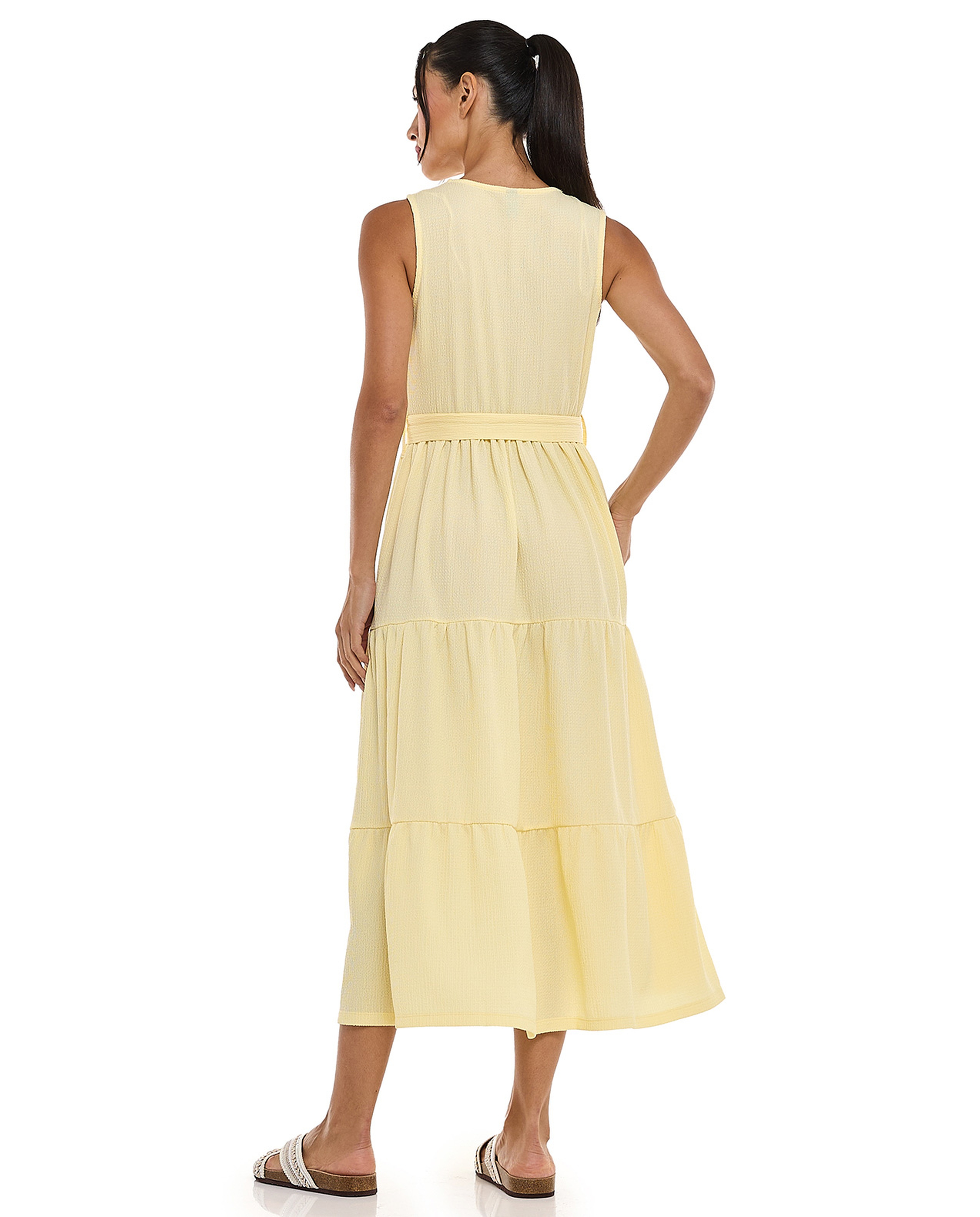 Textured Sleeveless Tiered Dress with Crew Neck