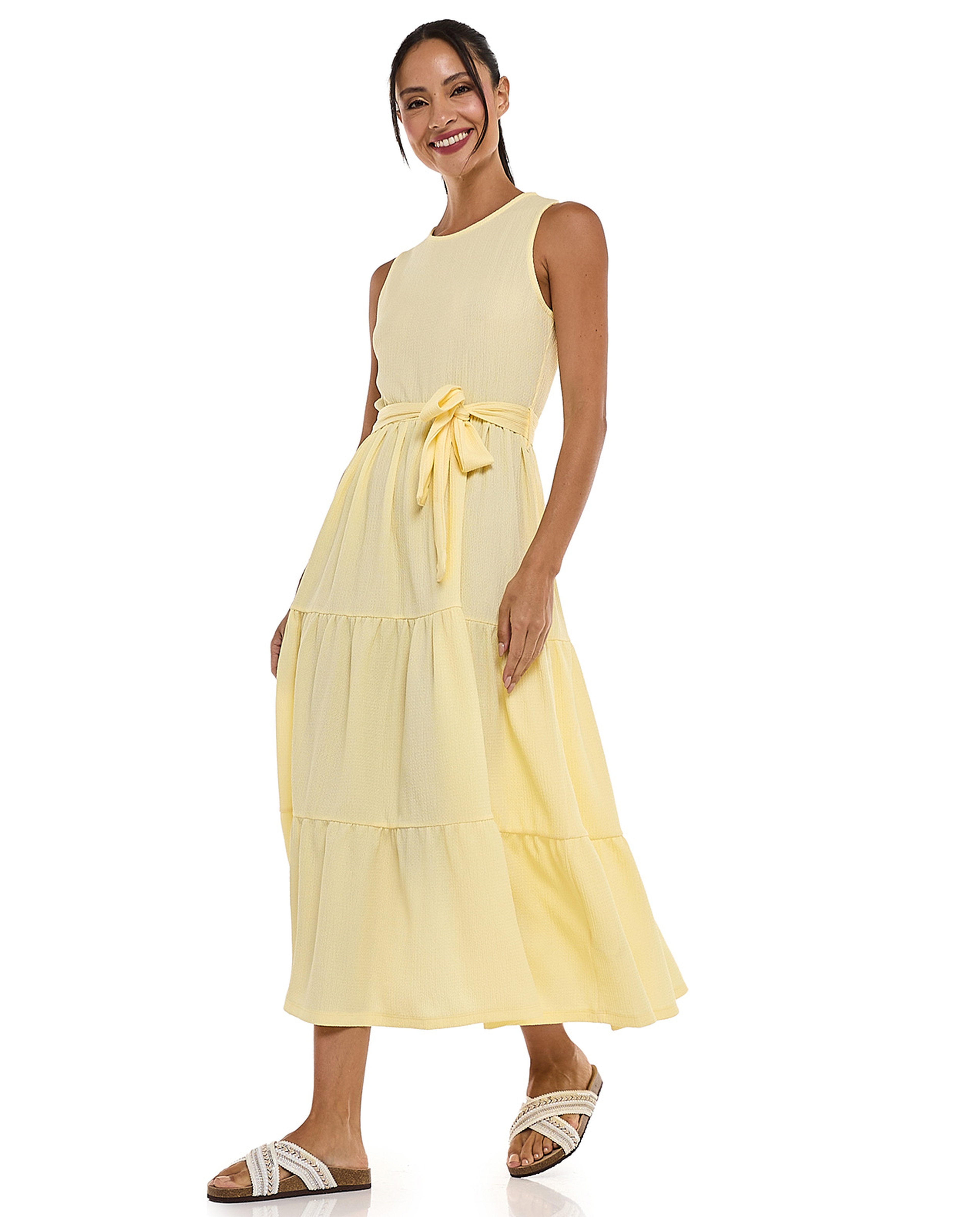 Textured Sleeveless Tiered Dress with Crew Neck