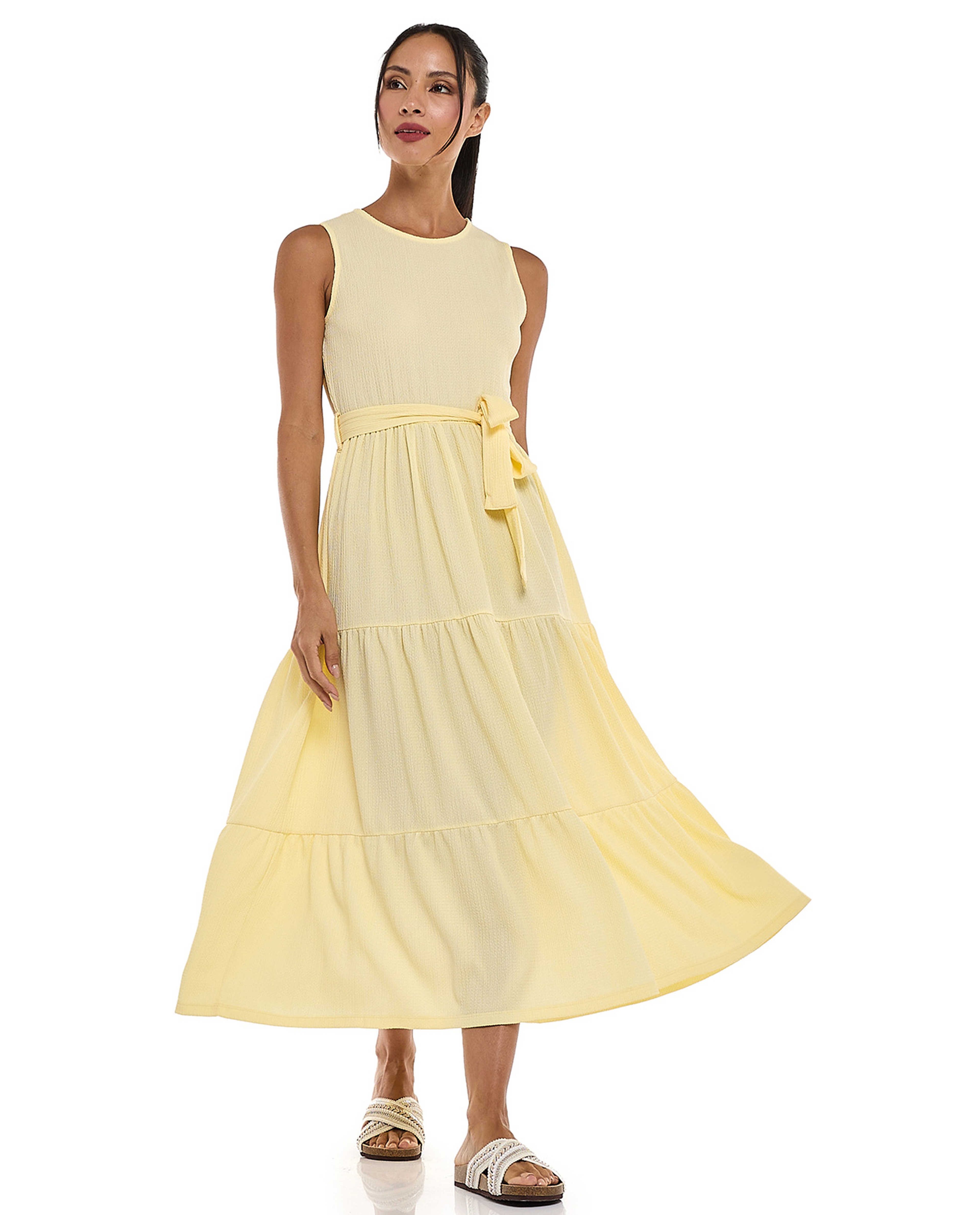 Textured Sleeveless Tiered Dress with Crew Neck