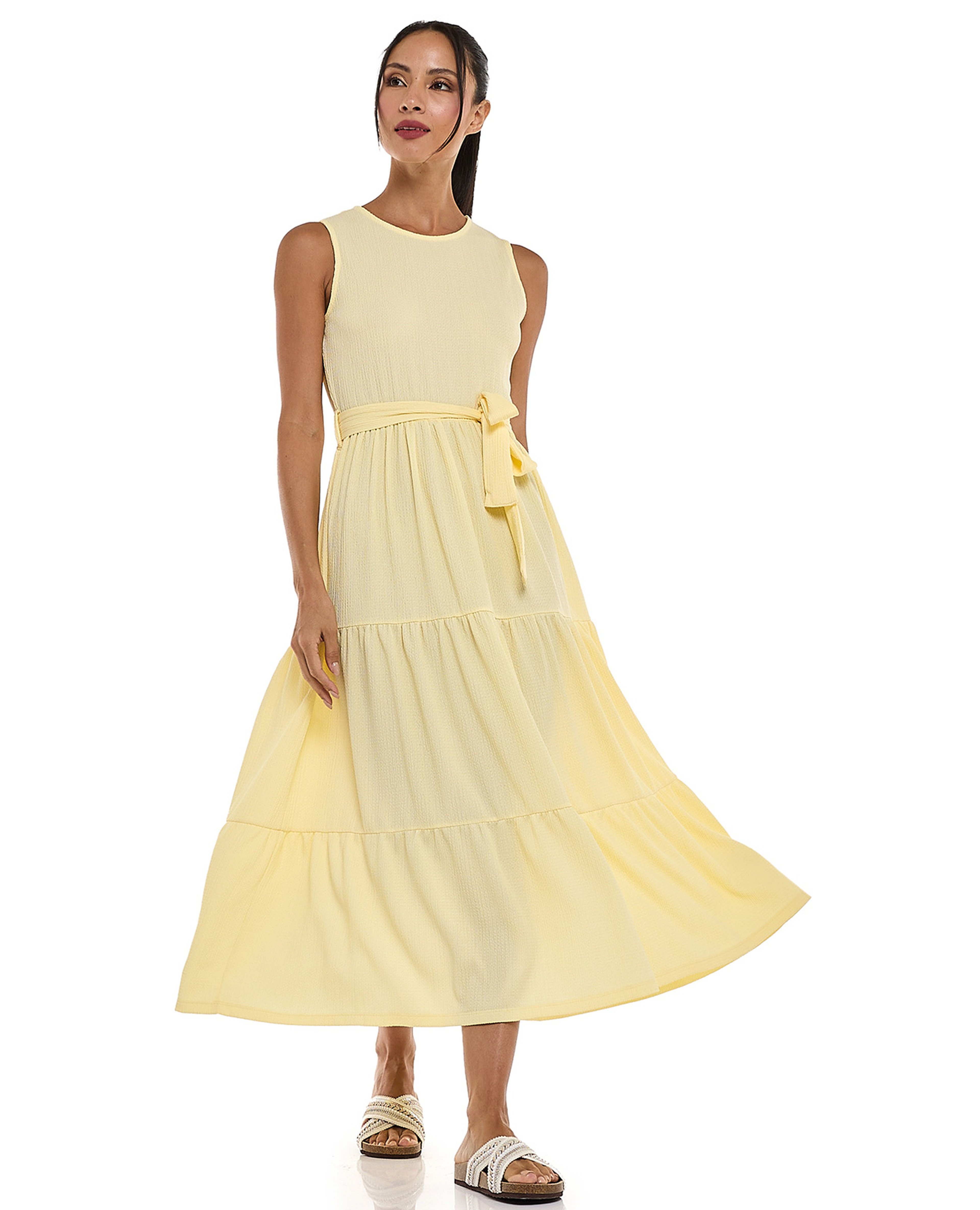 Textured Sleeveless Tiered Dress with Crew Neck