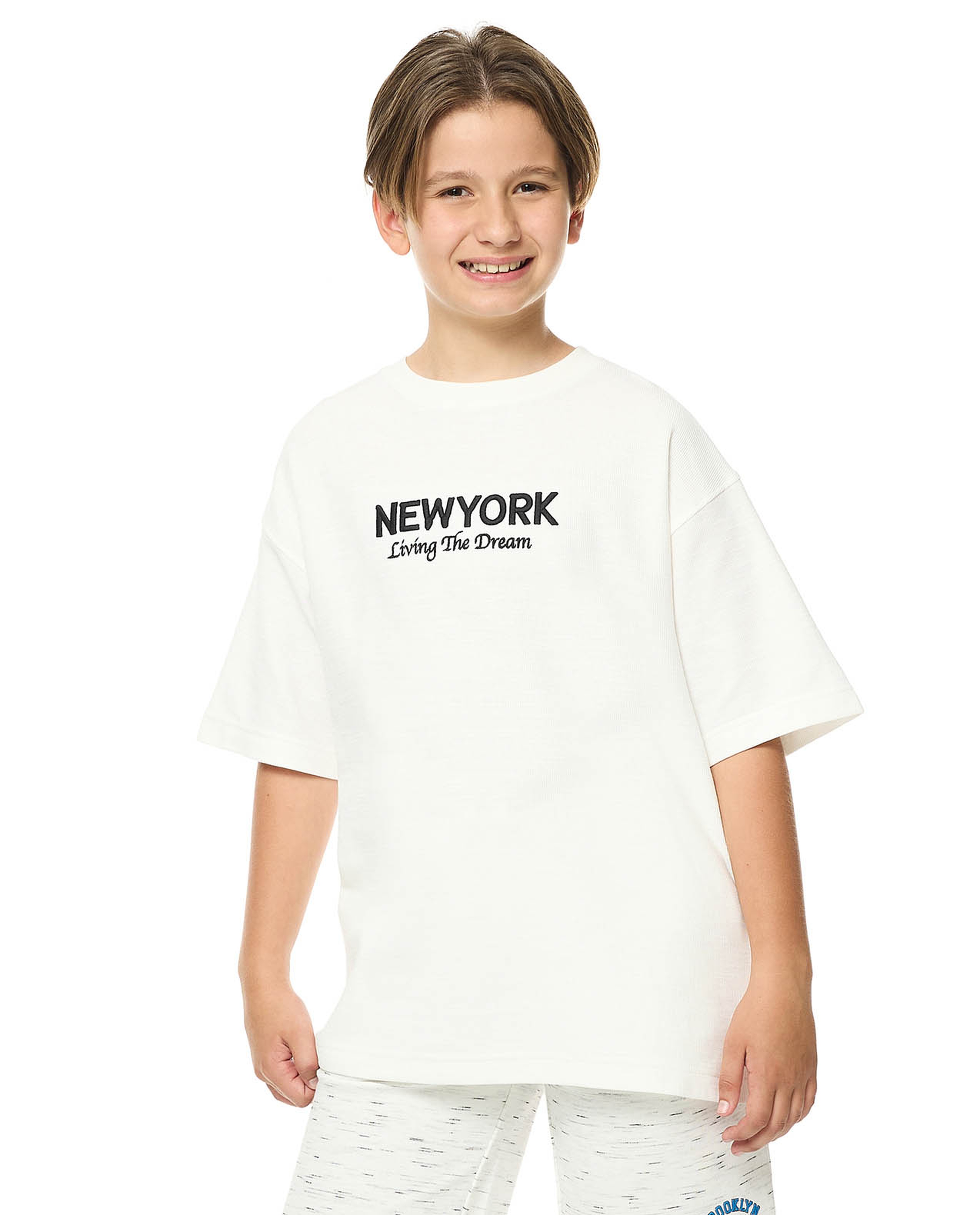 Embroidered Oversized T-Shirt with Crew Neck and Short Sleeves