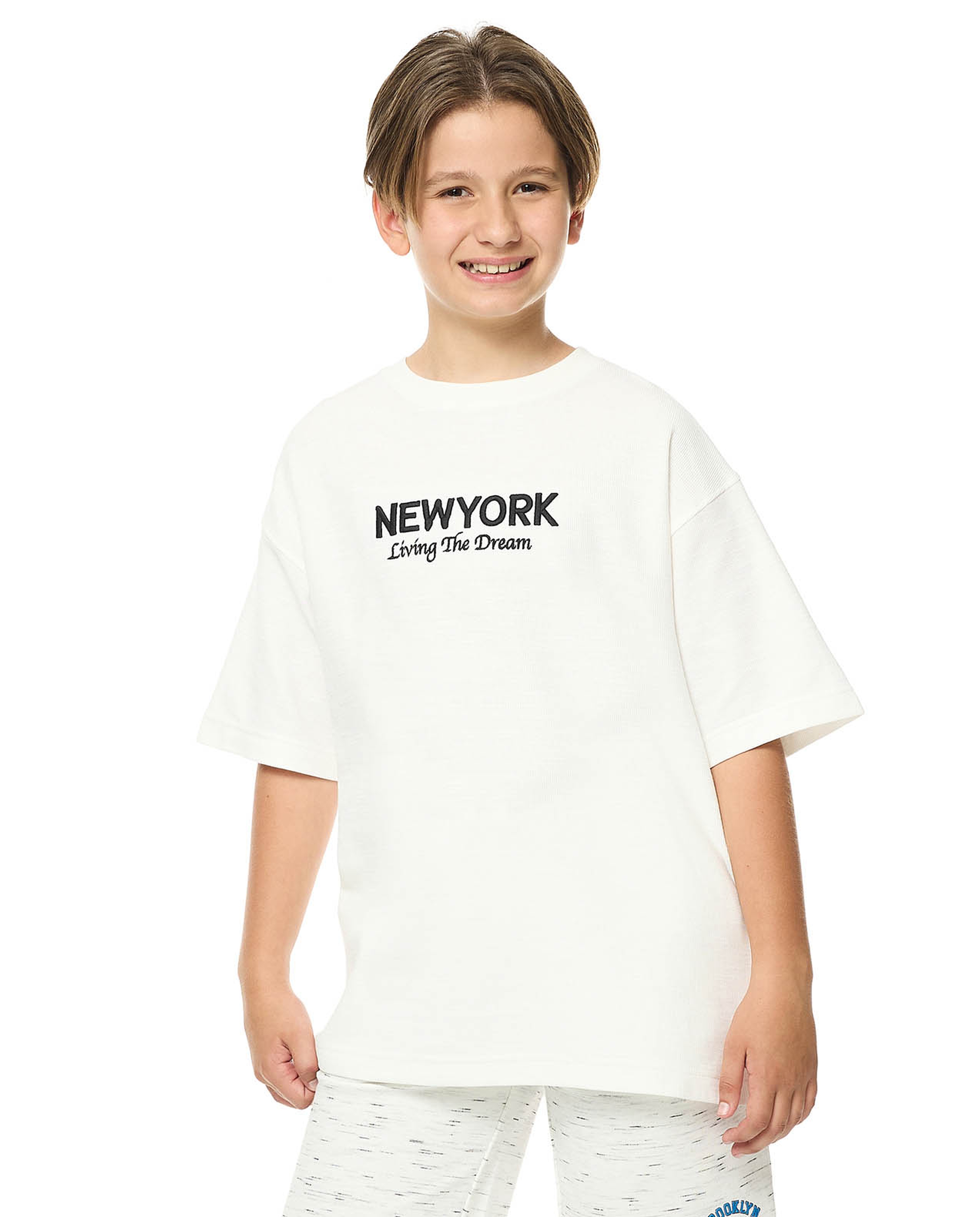 Embroidered Oversized T-Shirt with Crew Neck and Short Sleeves