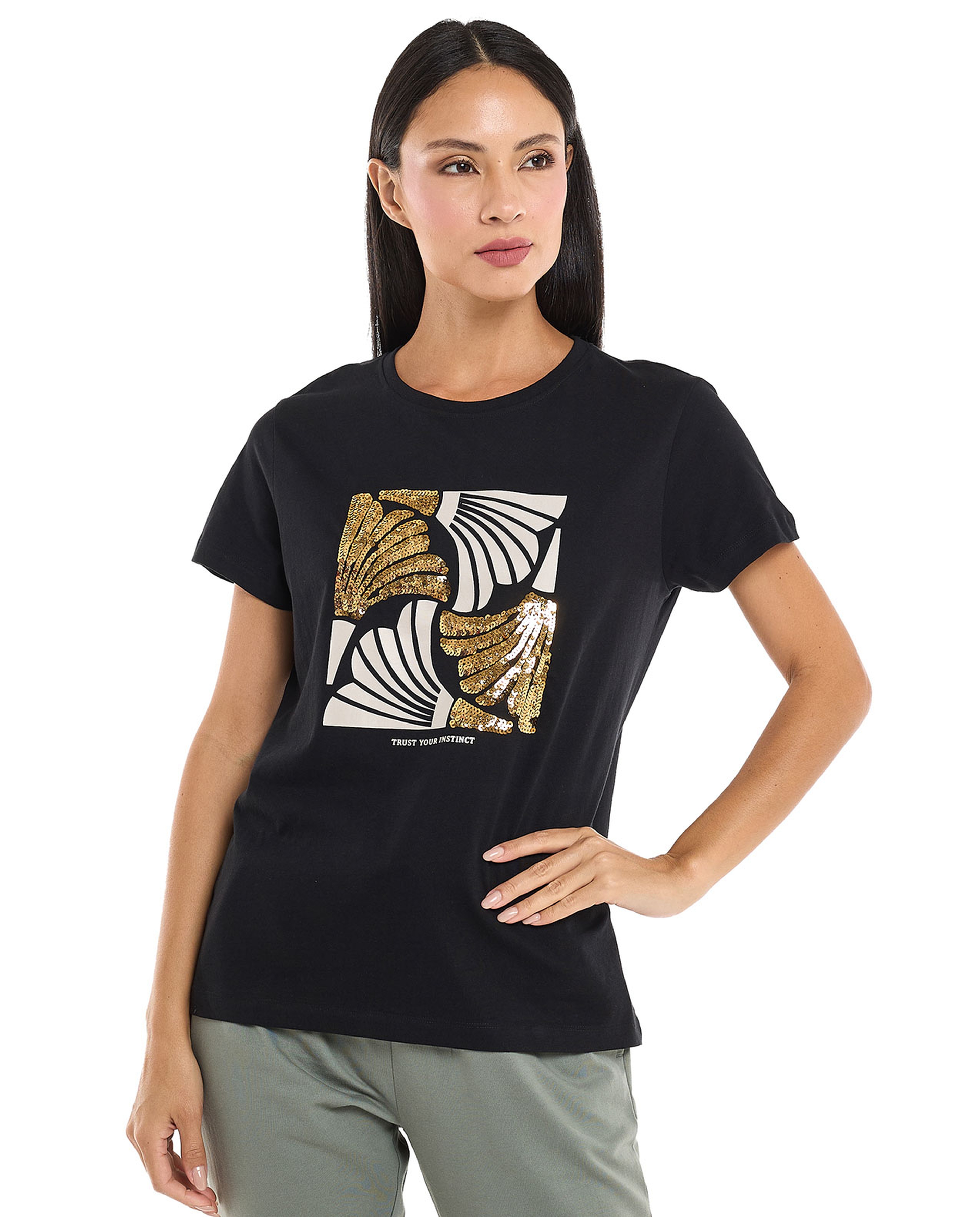 Sequined T-Shirt with Crew Neck and Short Sleeves