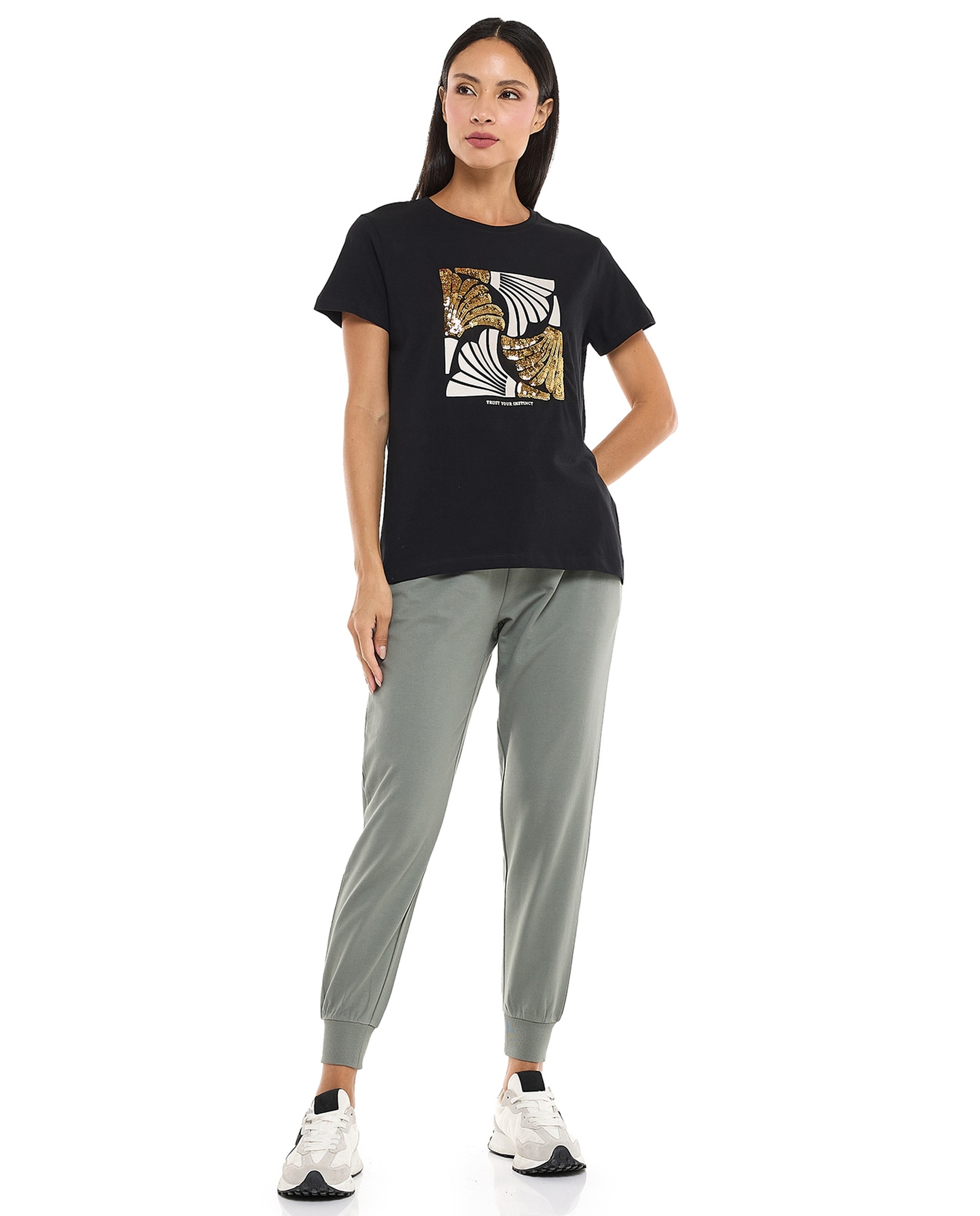 Sequined T-Shirt with Crew Neck and Short Sleeves