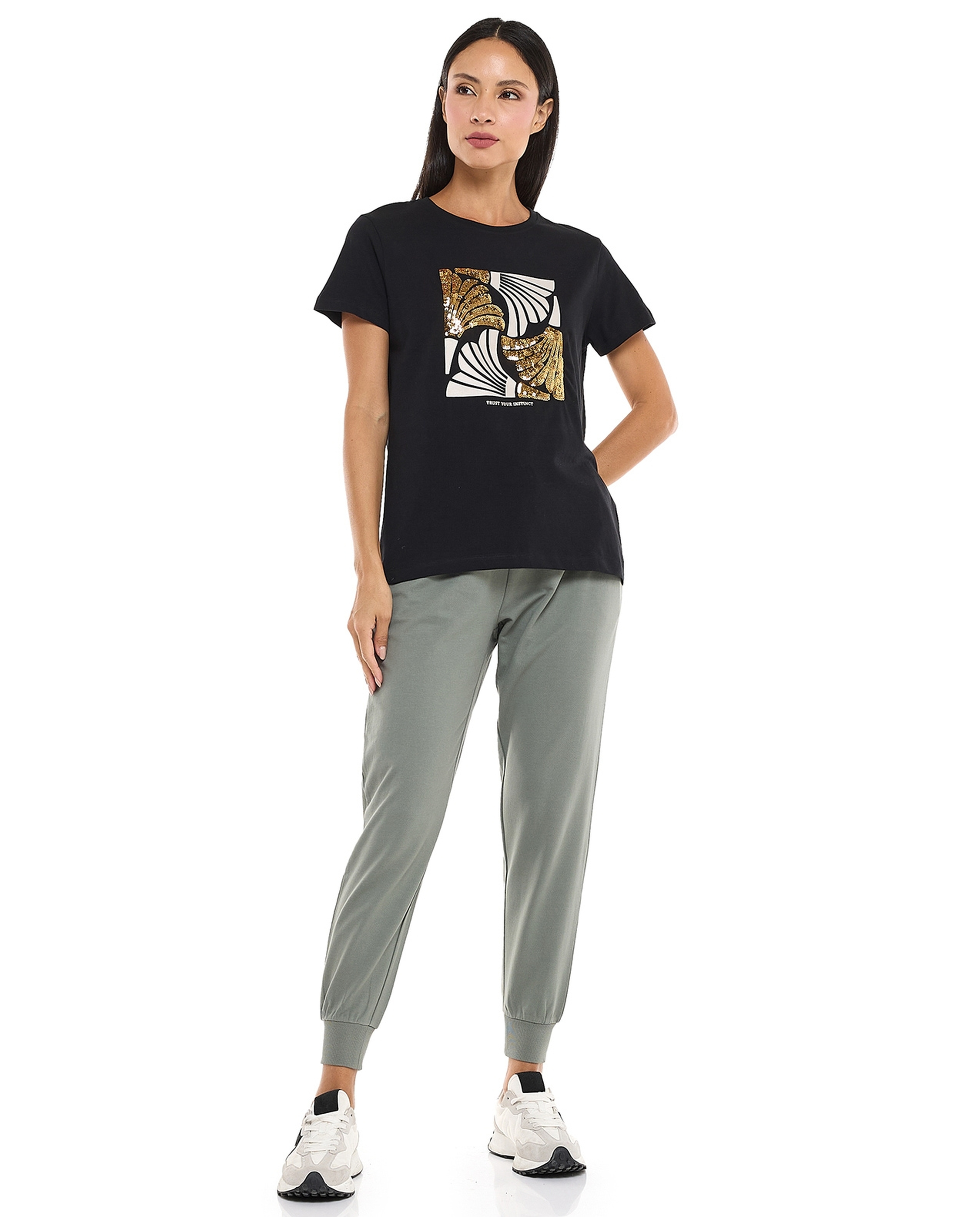 Sequined T-Shirt with Crew Neck and Short Sleeves