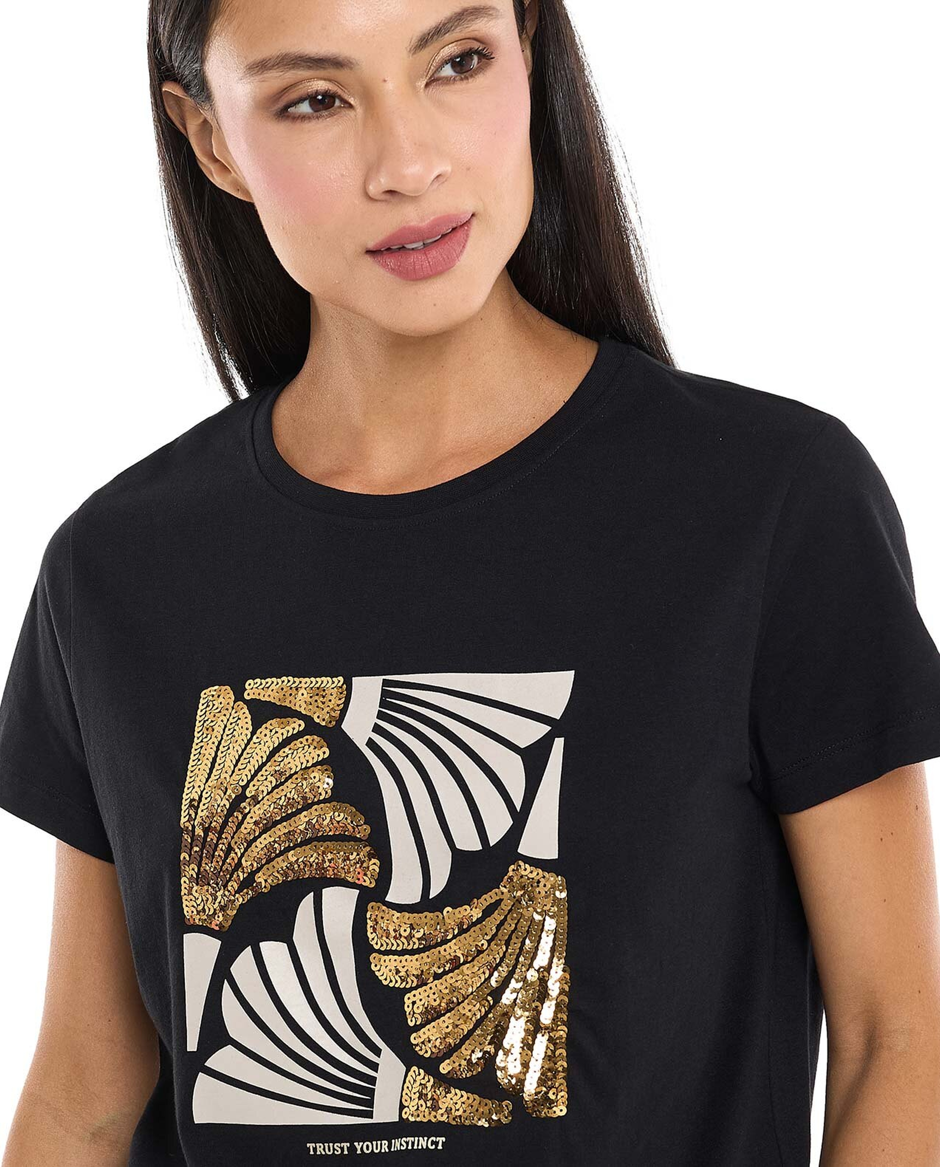 Sequined T-Shirt with Crew Neck and Short Sleeves