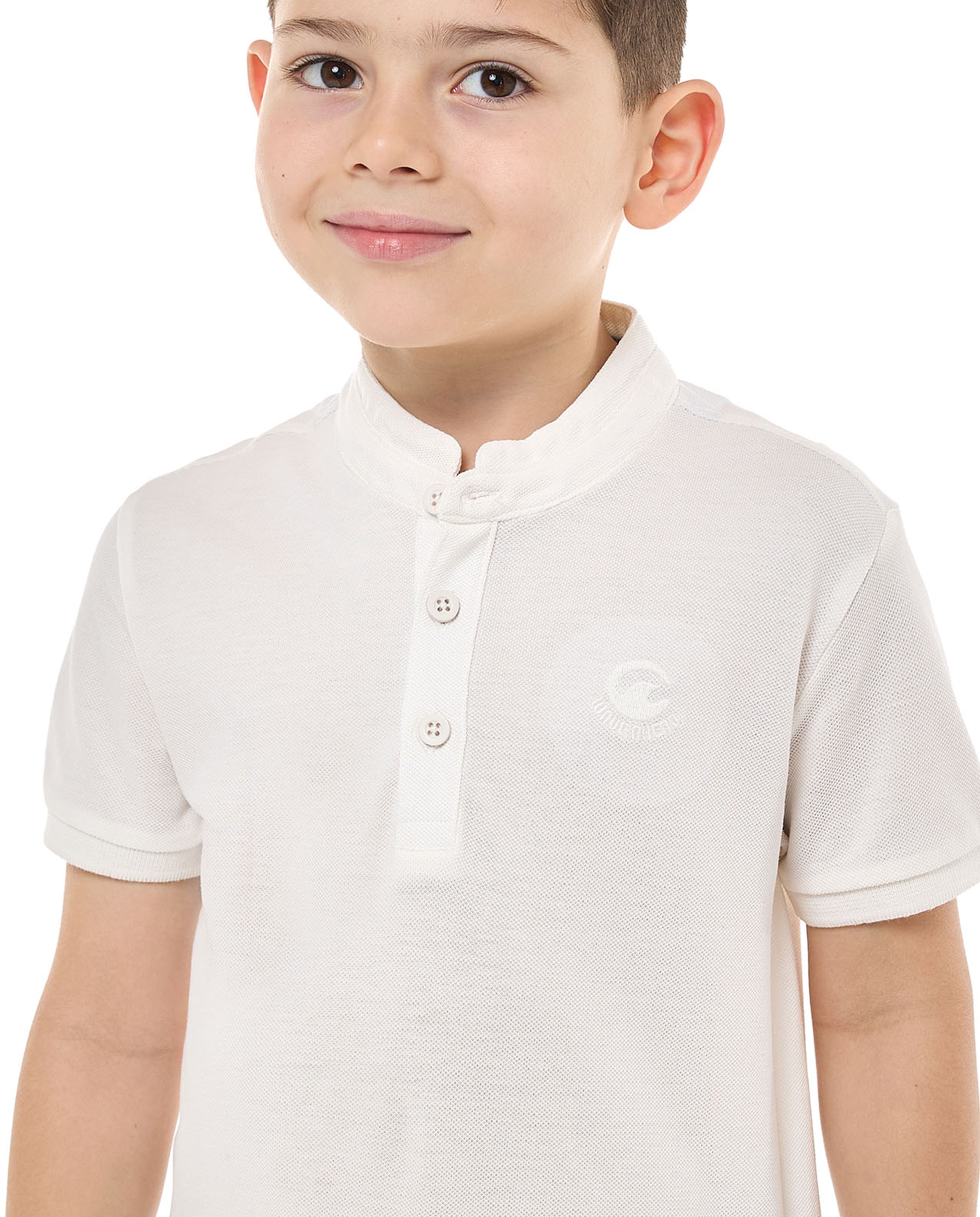 Textured T-Shirt with Stand Collar and Short Sleeves