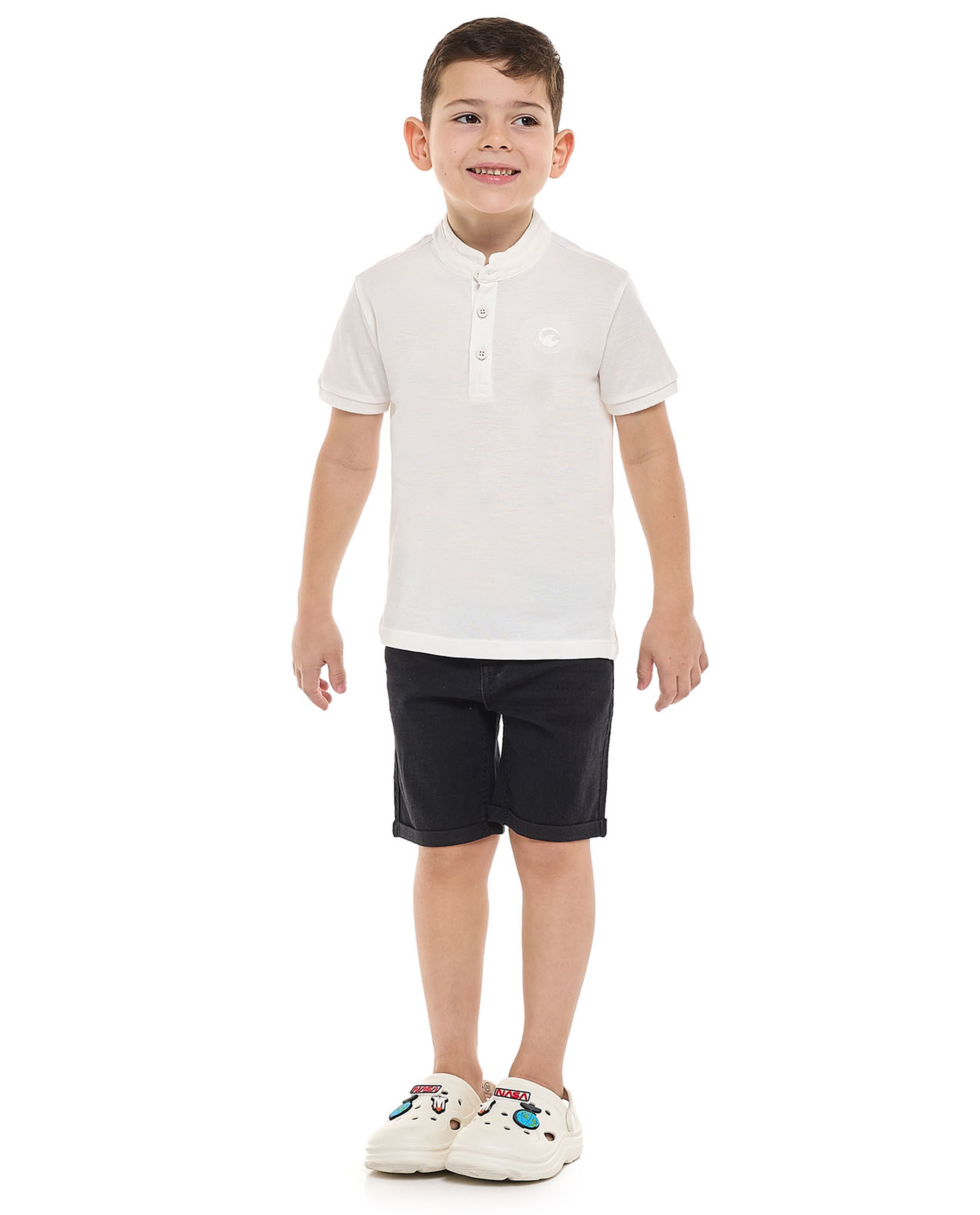 Textured T-Shirt with Stand Collar and Short Sleeves