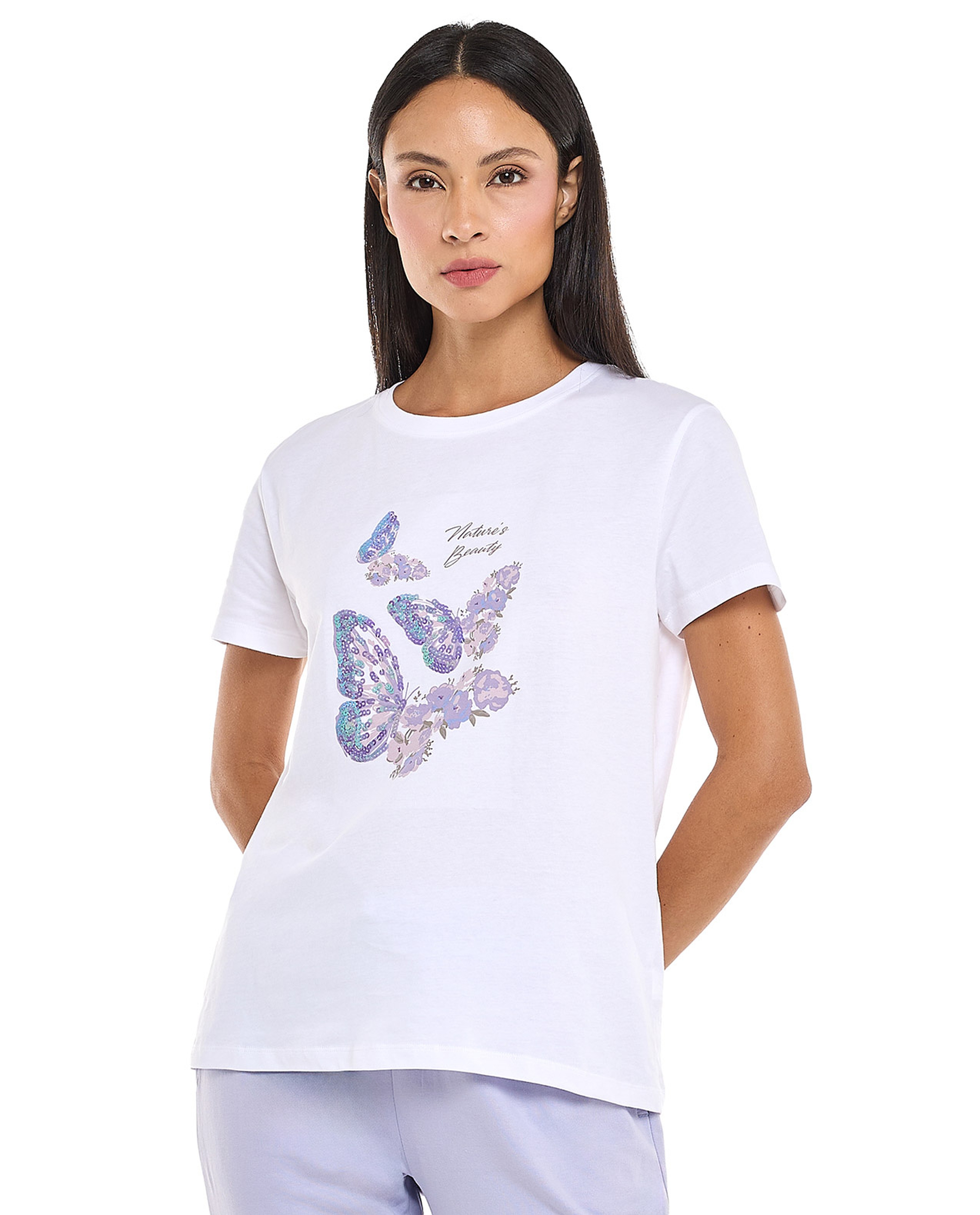 Sequined T-Shirt with Crew Neck and Short Sleeves