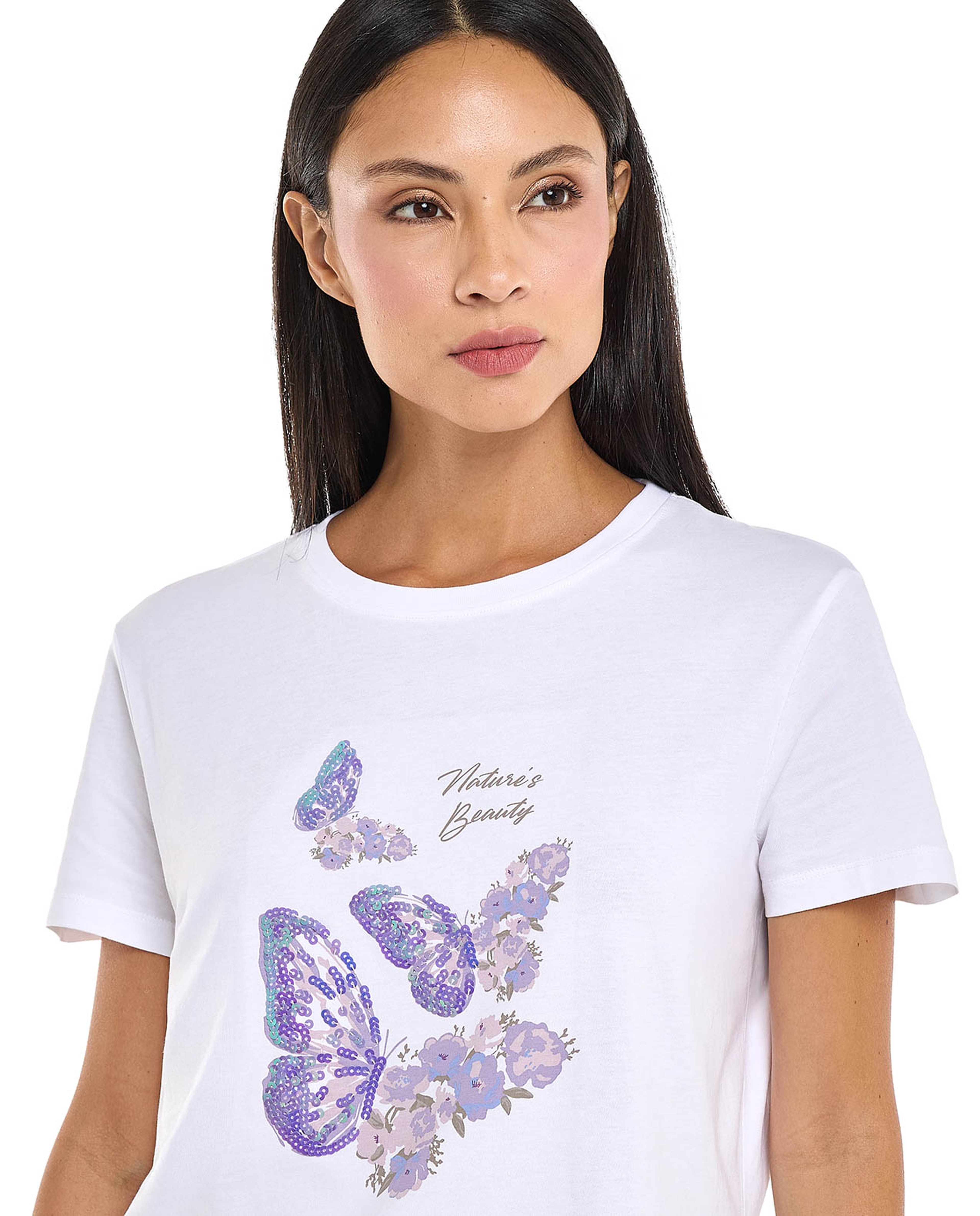 Sequined T-Shirt with Crew Neck and Short Sleeves