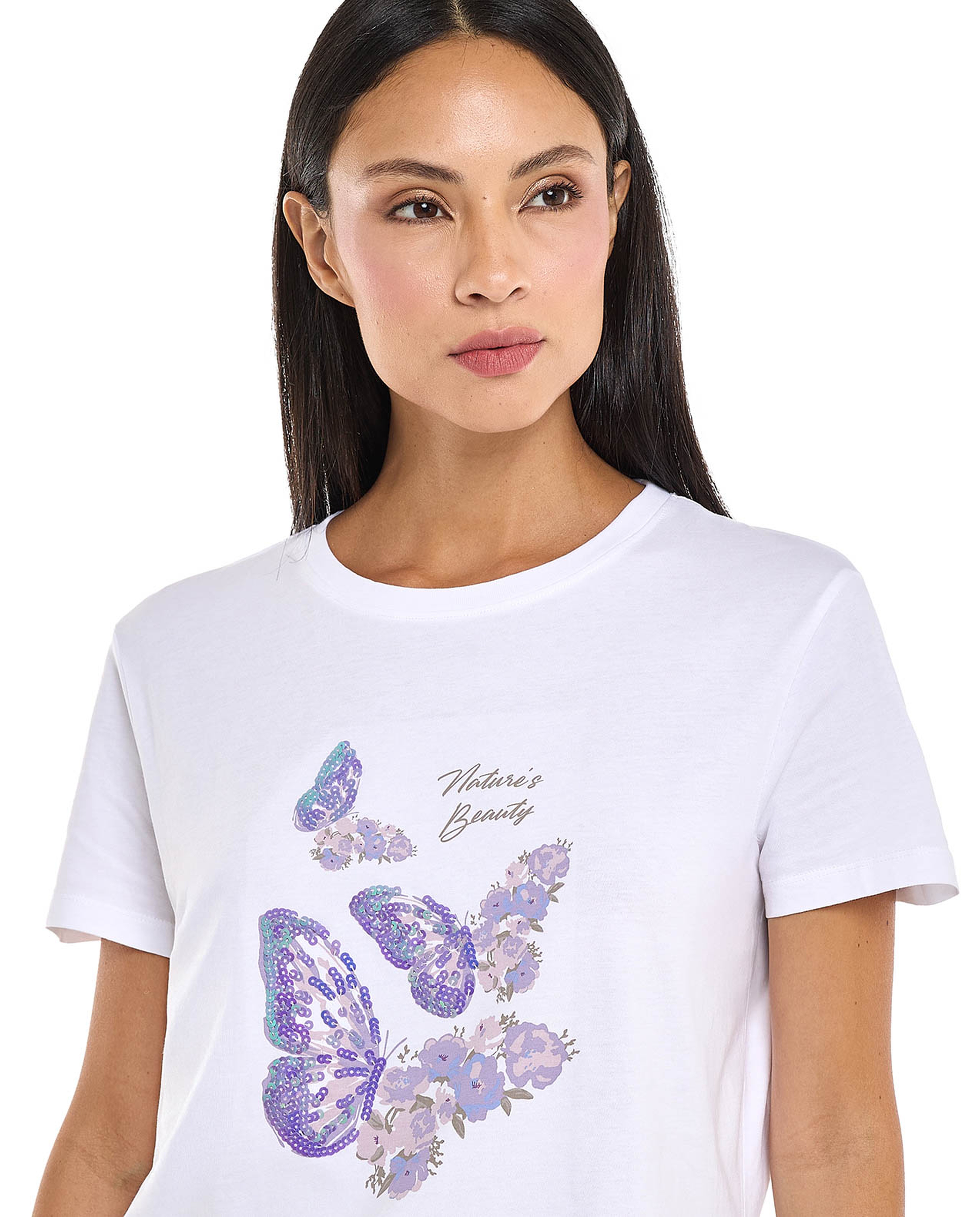 Sequined T-Shirt with Crew Neck and Short Sleeves