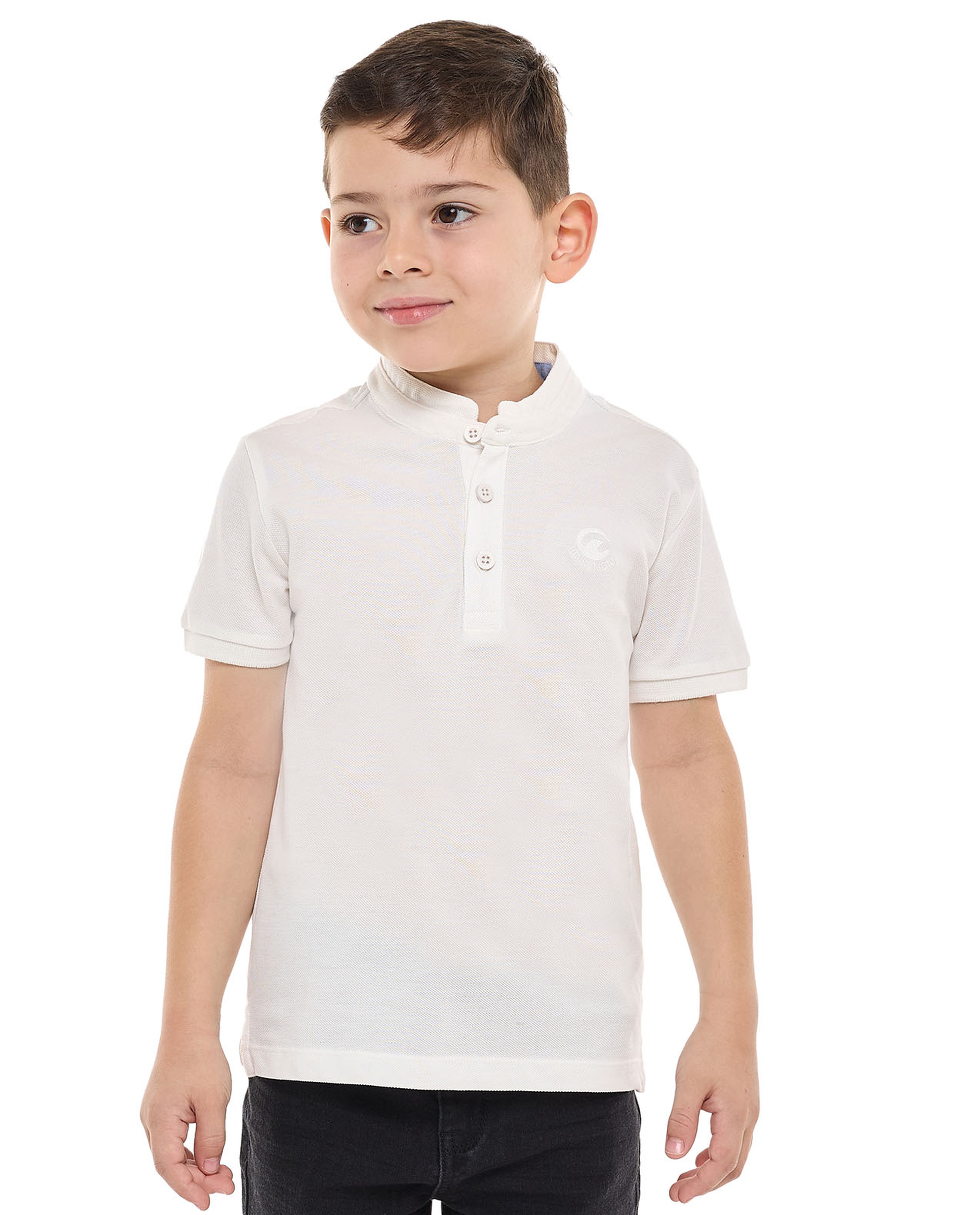 Textured T-Shirt with Stand Collar and Short Sleeves