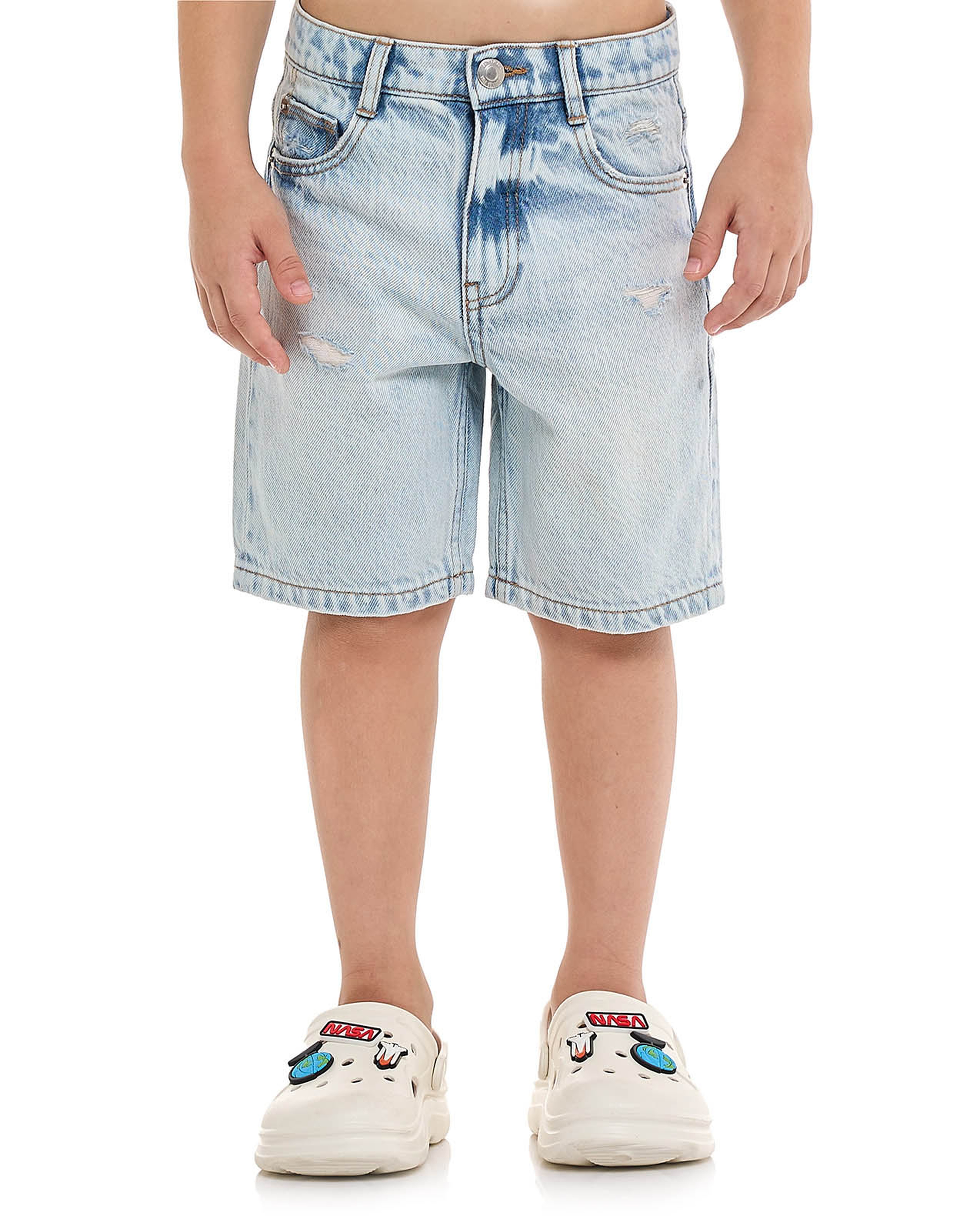 Distressed Denim Shorts with Button Closure