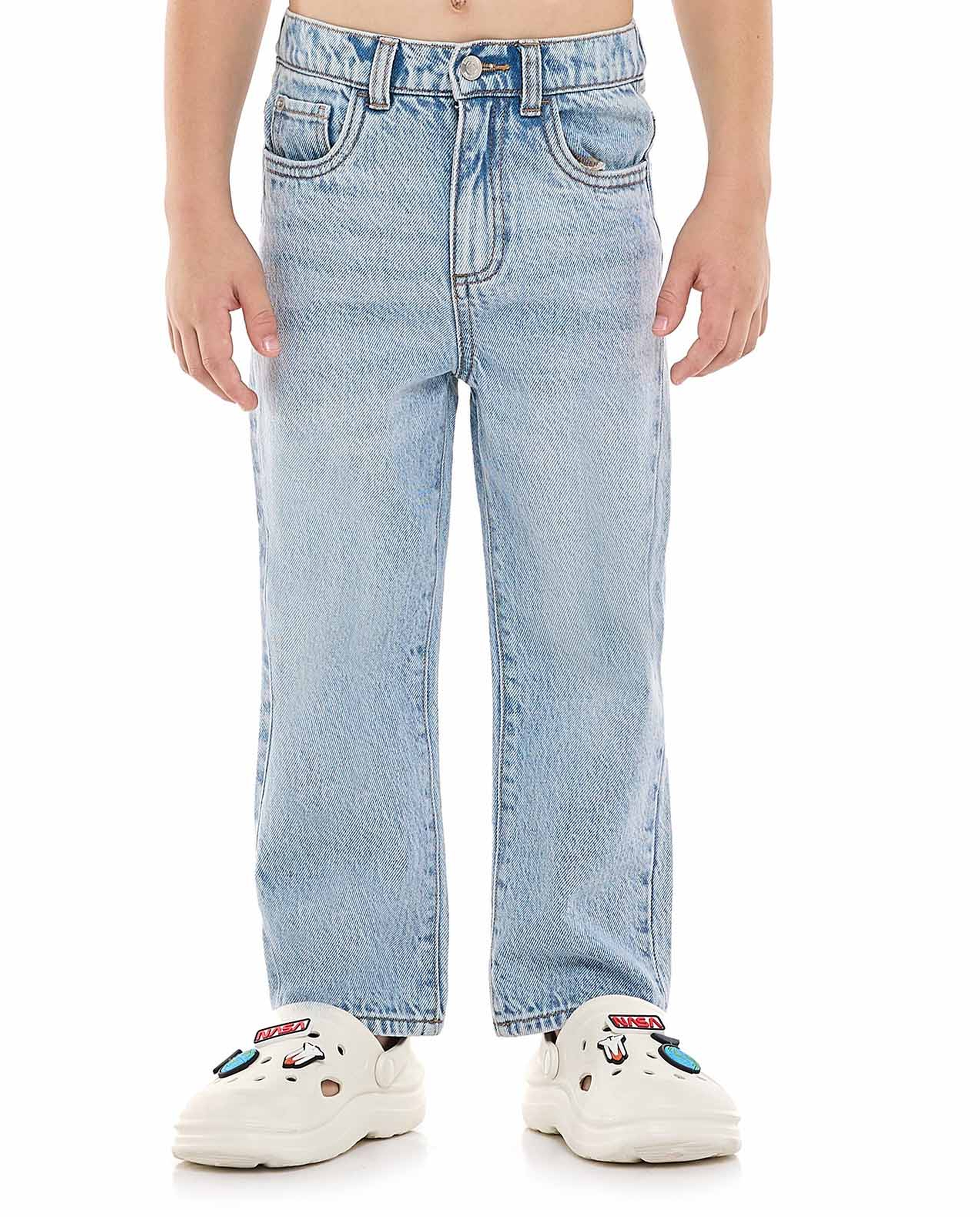 Washed Straight Fit Jeans with Button Closure