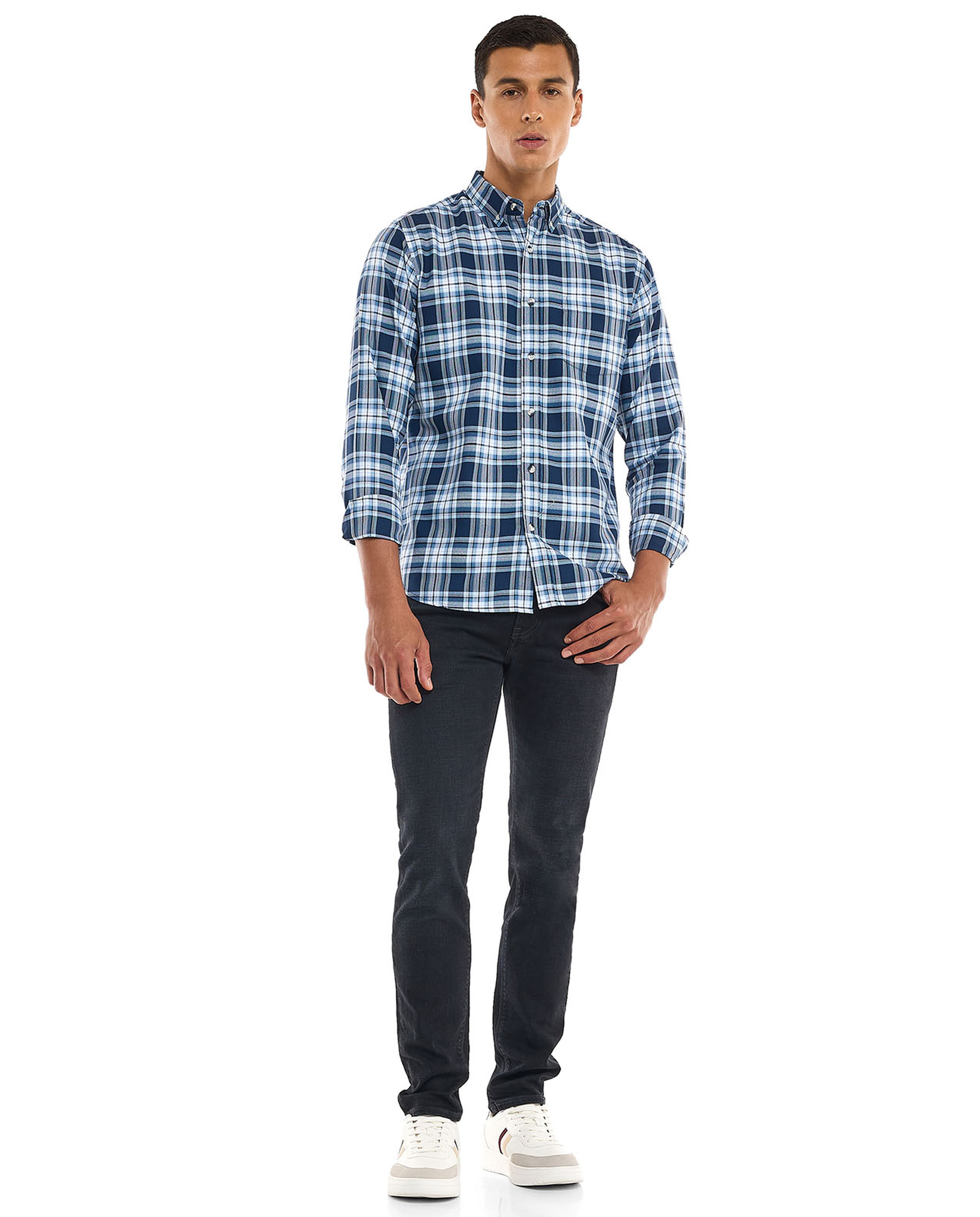Plaid Shirt with Button-Down Collar and Long Sleeves