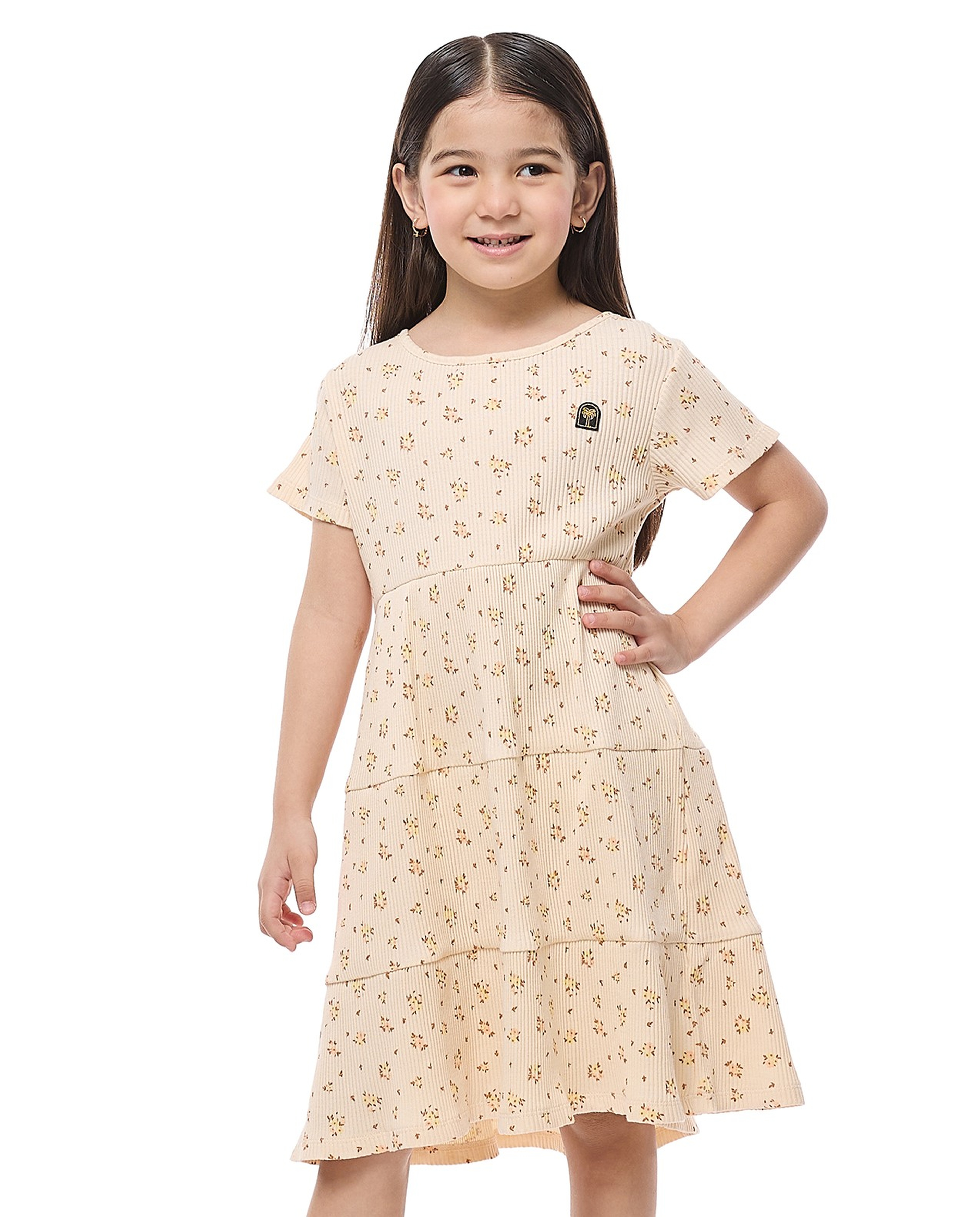 Printed Tiered Dress with Crew Neck and Short Sleeves