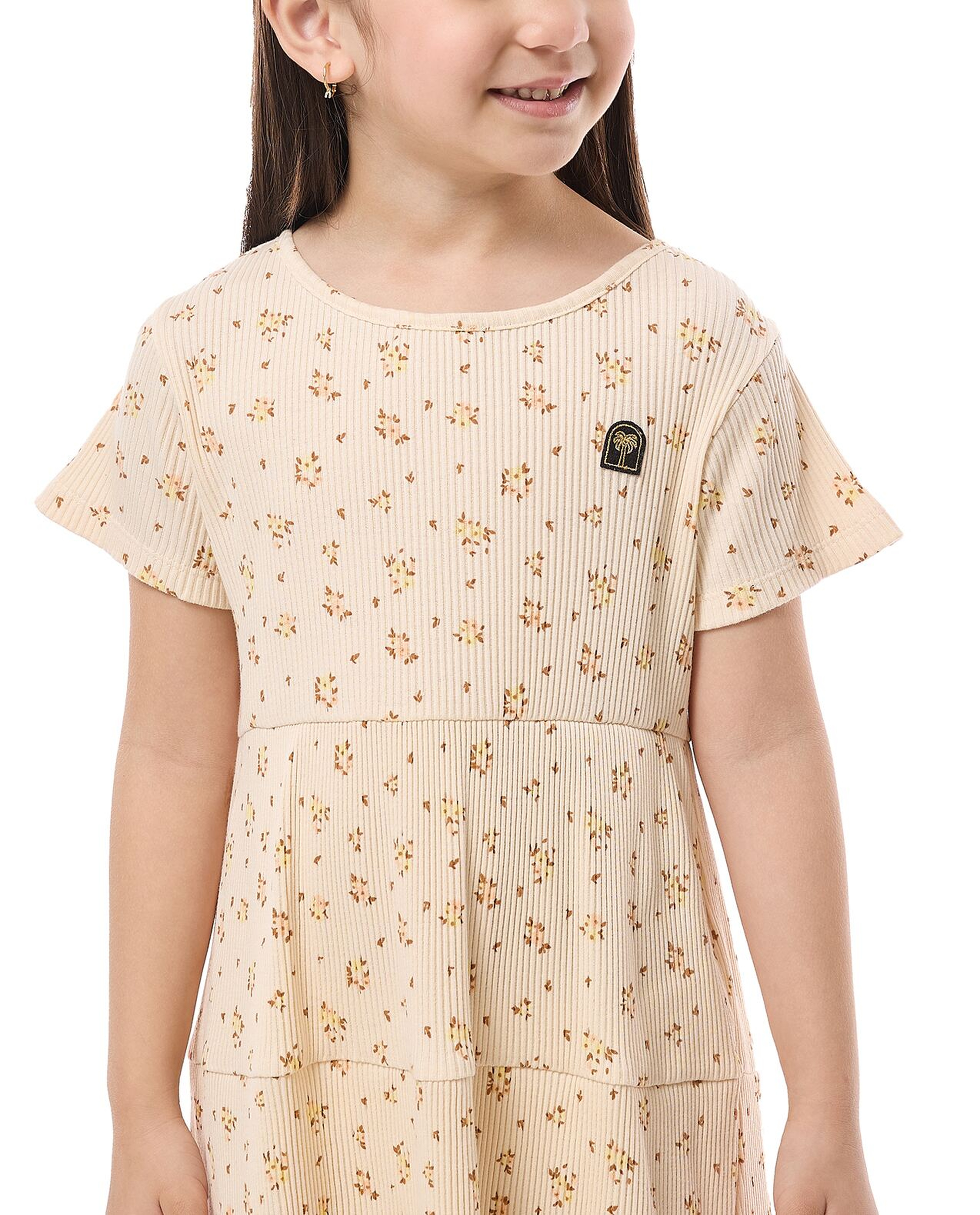 Printed Tiered Dress with Crew Neck and Short Sleeves