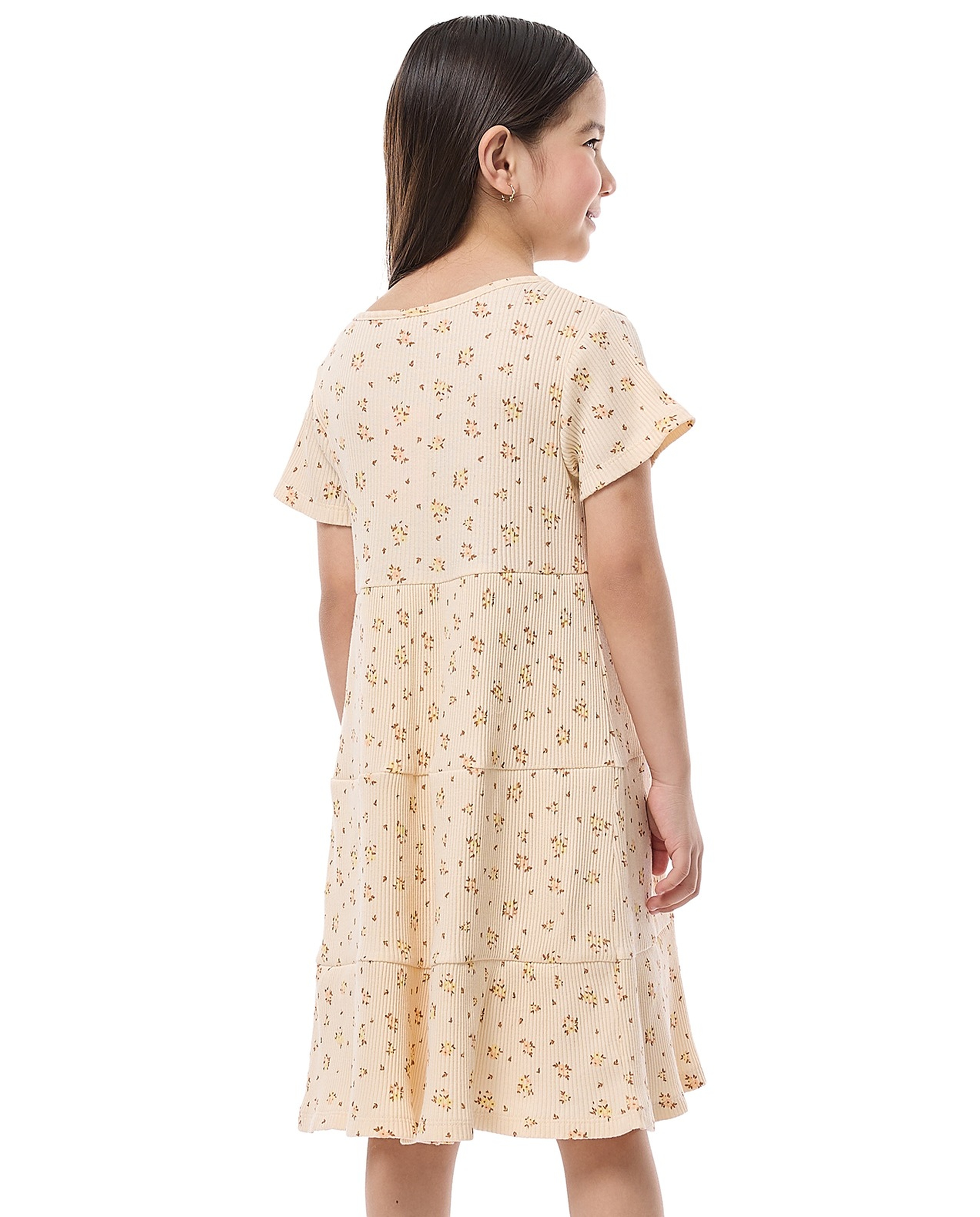 Printed Tiered Dress with Crew Neck and Short Sleeves